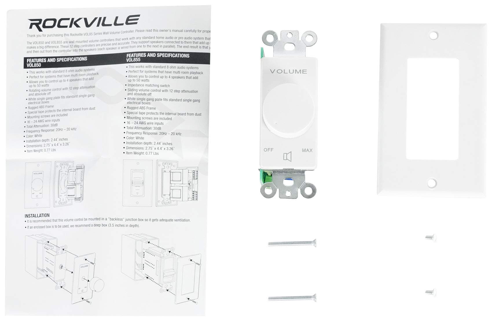 Rockville VOL850 50W x2 Wall Stereo Volume Controller 8 Ohm, 11-Step Rotary Knob - Thumbnail 8