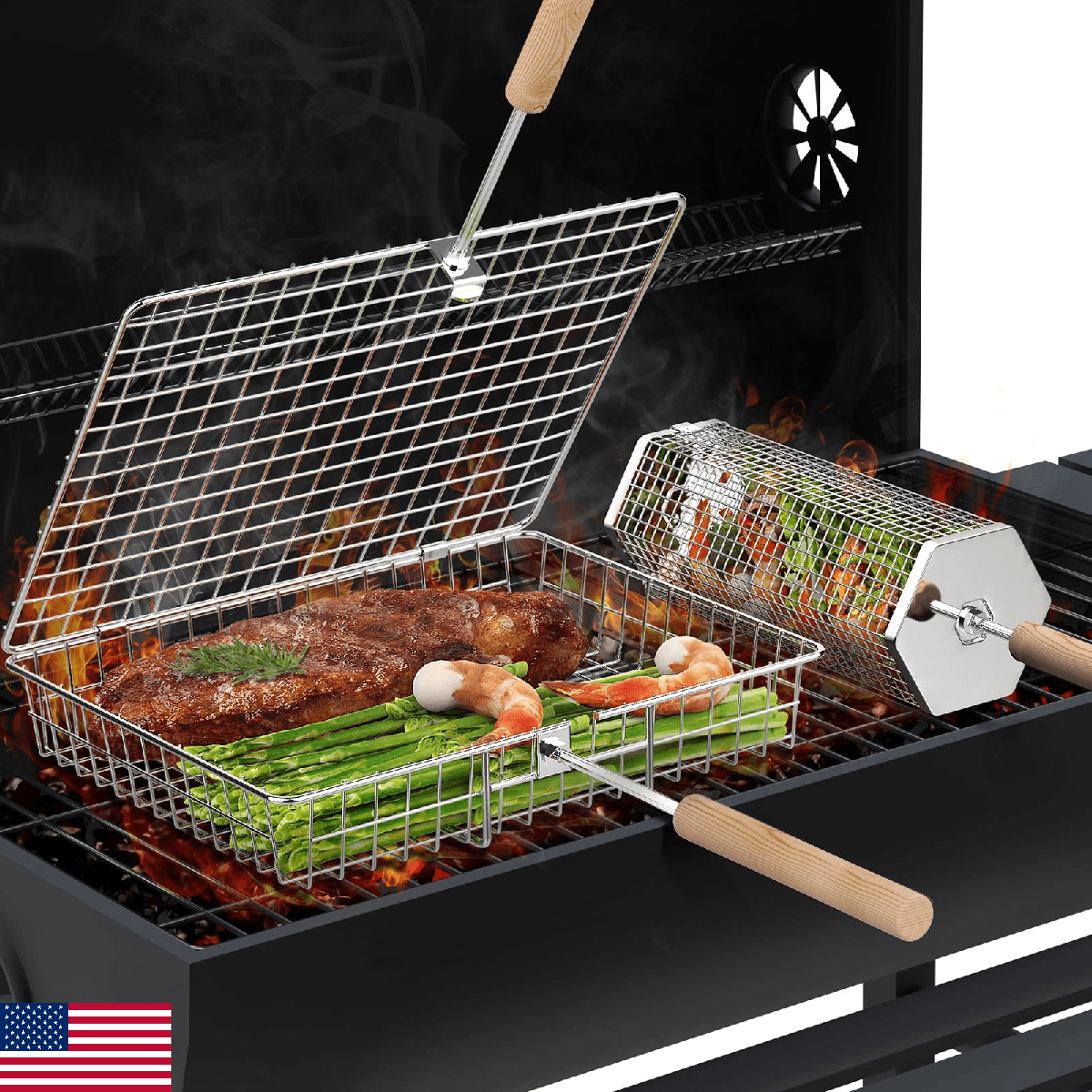 ivtivfu Rolling Grill Basket Set, Removable Wood Handles, 304 Stainless Steel - Image 1