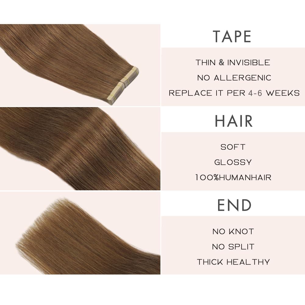 Remy Tape in Hair Extensions 20pcs 18" Medium Brown Straight Human Hair Invisibl - Thumbnail 3