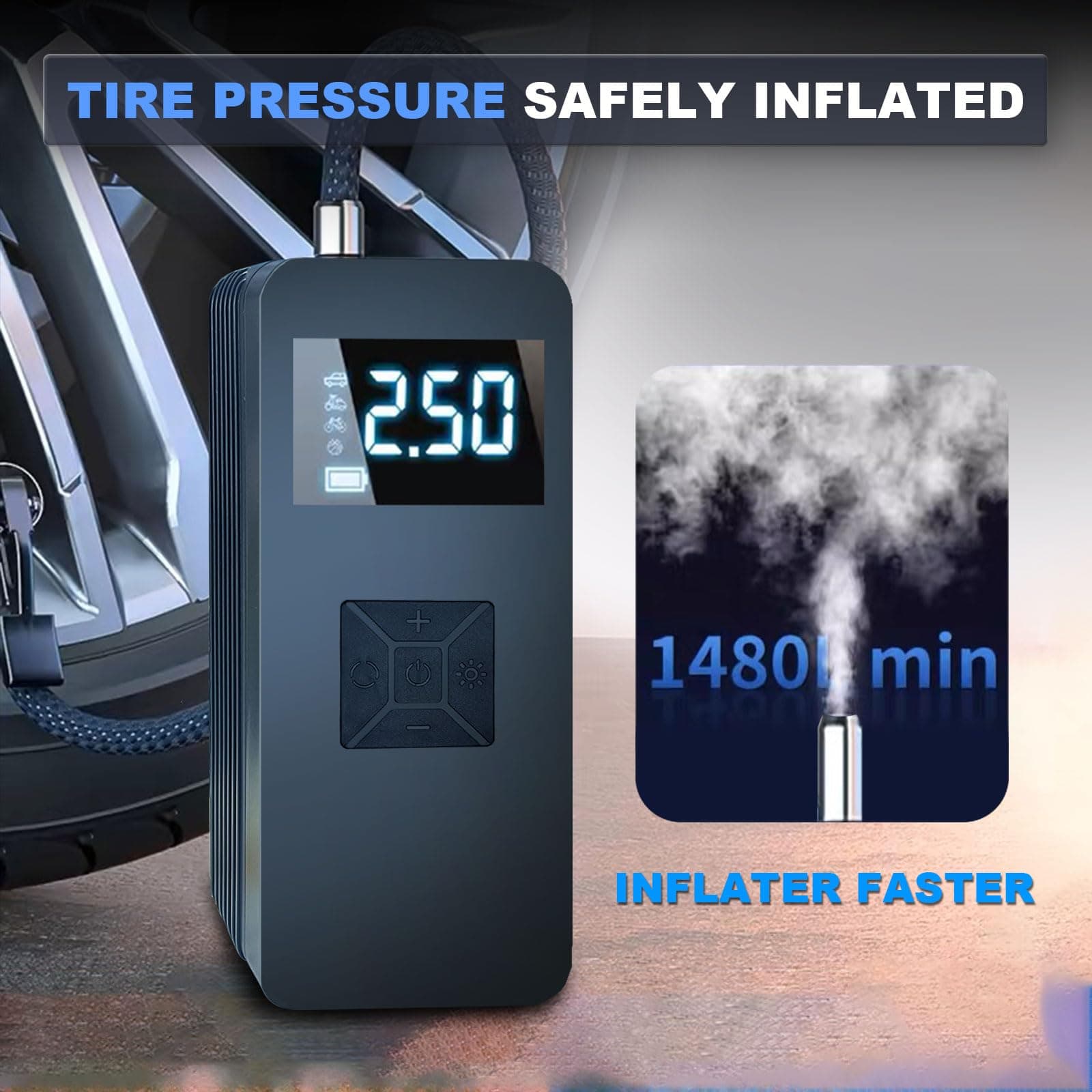Tire Inflator Portable Air Compressor with Digitally Display Pressure Gauge 2000 - Thumbnail 2