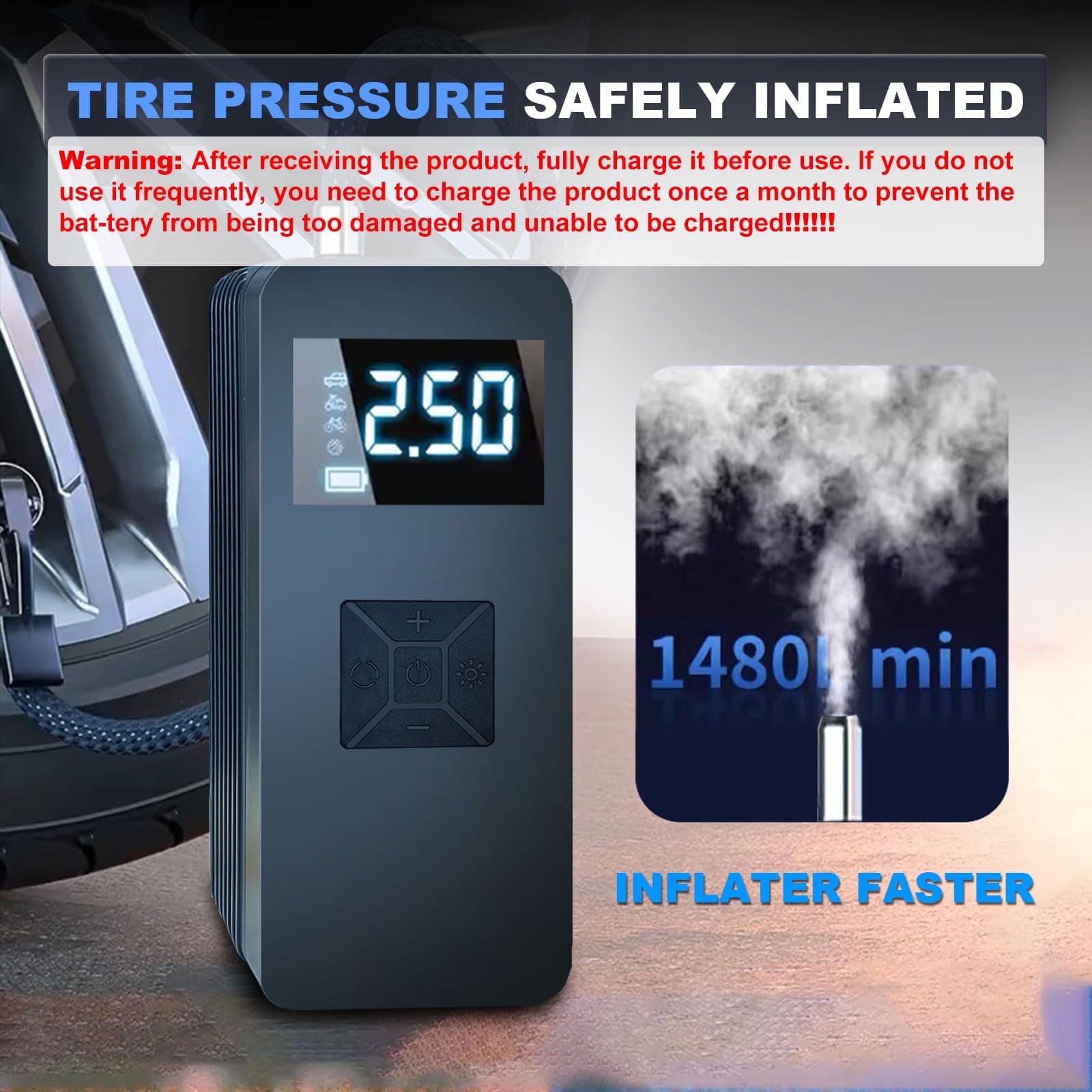Tire Inflator Portable Air Compressor with Digitally Display Pressure Gauge 2000 - Thumbnail 7
