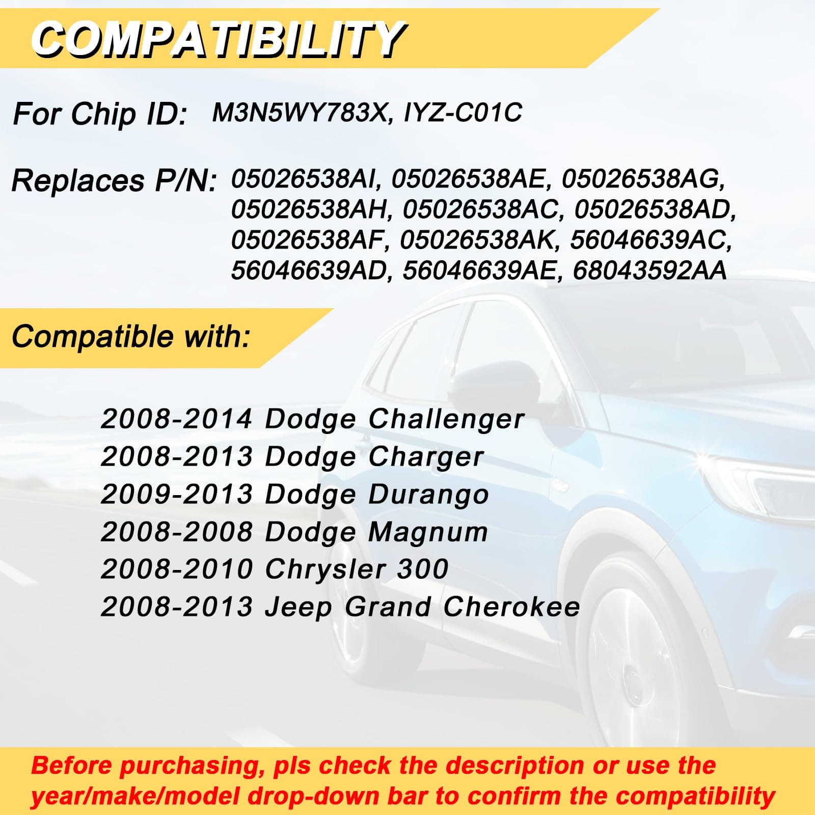 Vurkcy Key Fob Replacement for 2008-2014 Dodge Challenger/ 08-13 Charger & Grand - Thumbnail 2