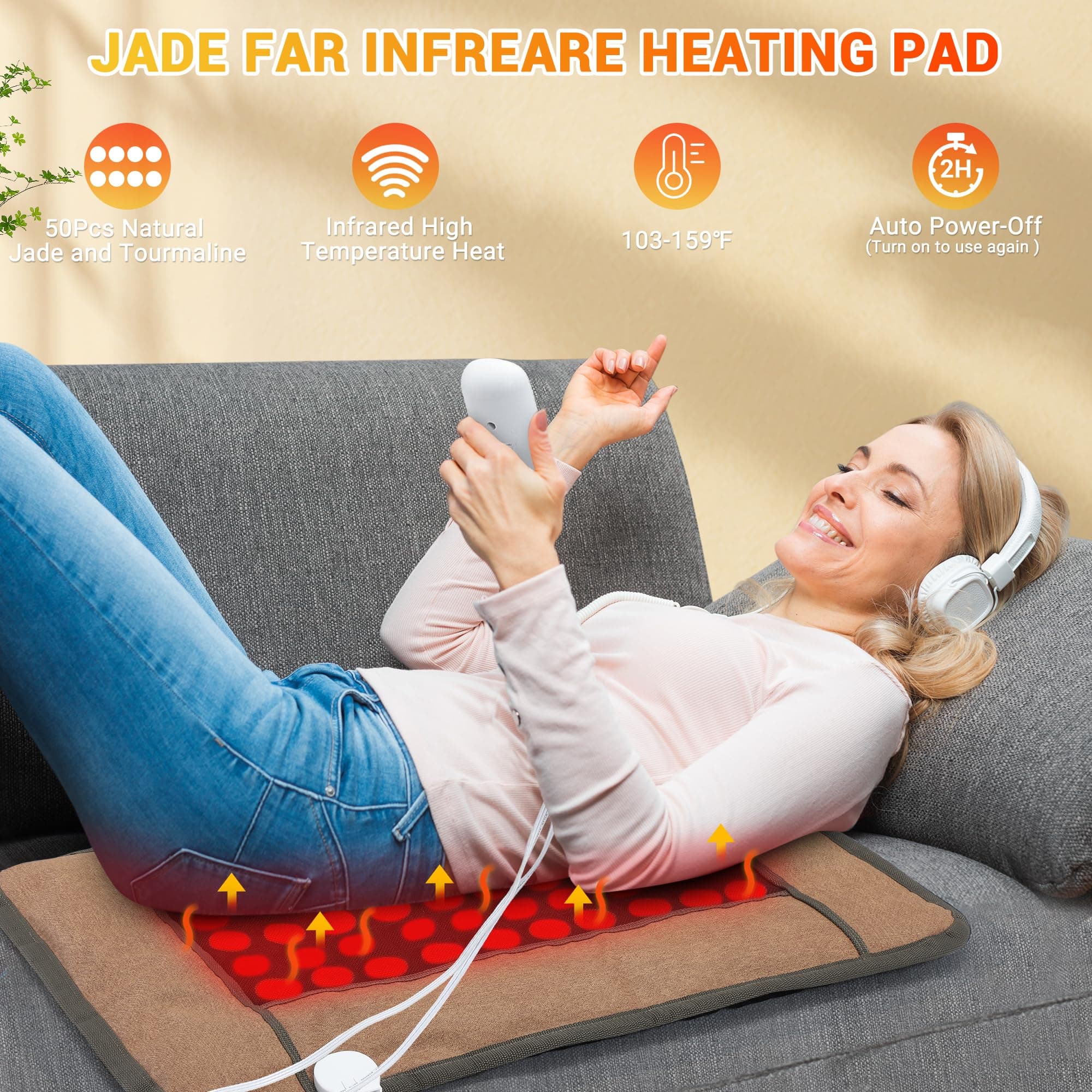 Far Infrared Heating Pads for Back Pain Relief, Natural Jade and Tourmaline Heat - Thumbnail 2