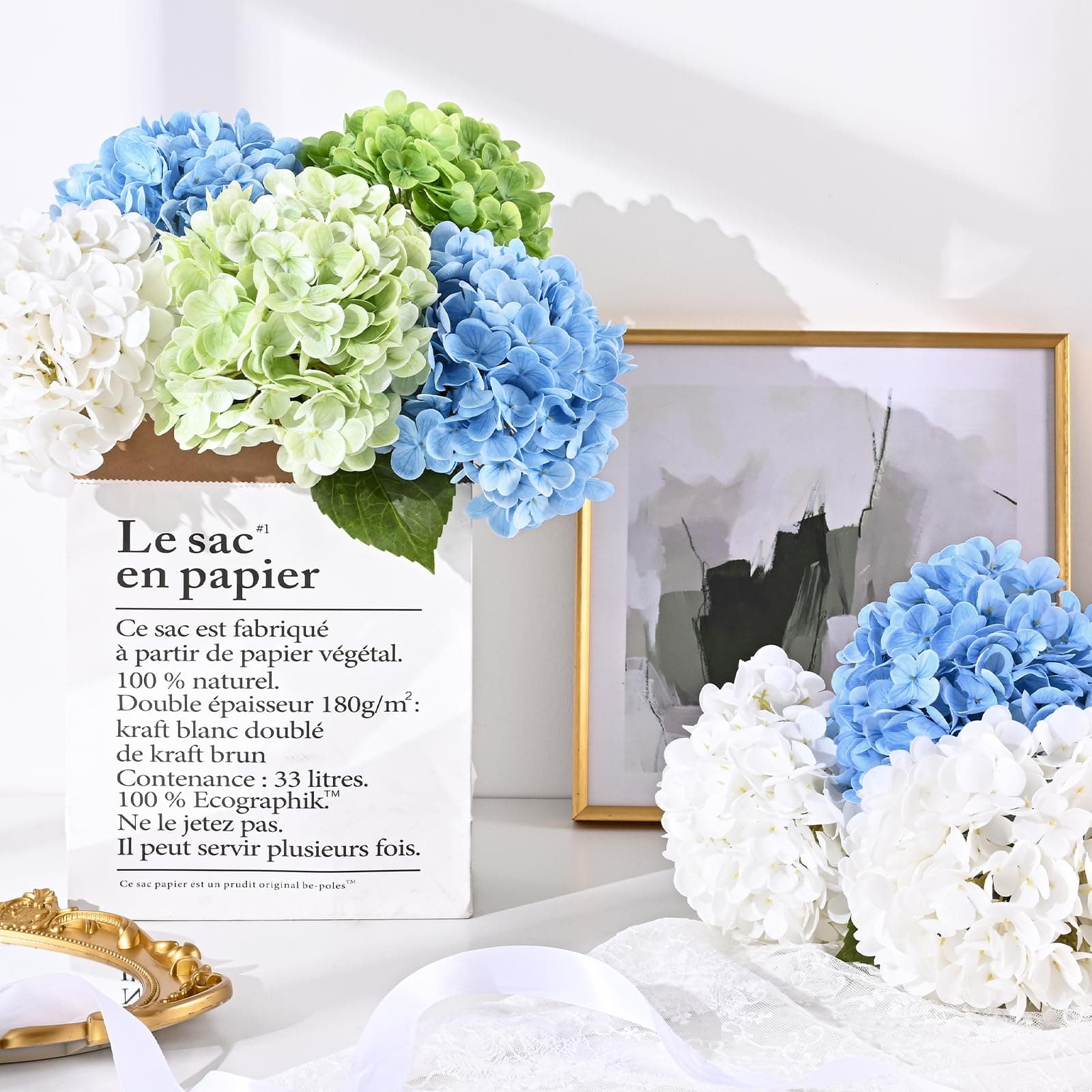 8 Pcs Light Green Hydrangea Artificial Flowers, Latex Real Touch Hydrangea Flowe - Thumbnail 4