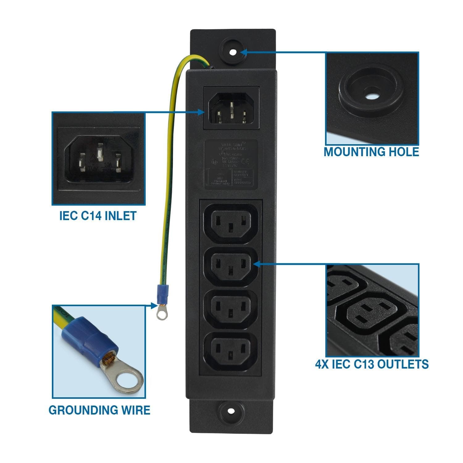 Conntek Server 10A 250V IEC Power Strip C14 Inlet to IEC 320 Sheet F Outlets 4 w - Thumbnail 2