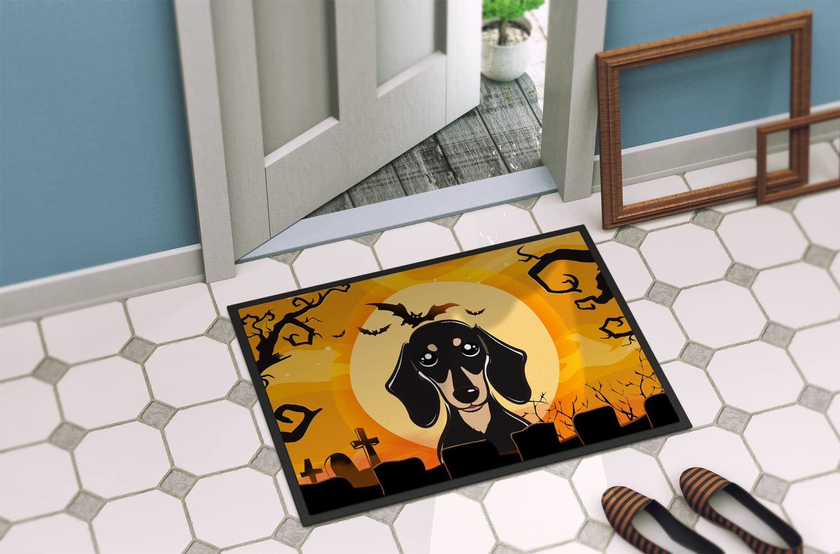 Caroline's Treasures BB1773JMAT Halloween Smooth Black and Tan Dachshund Doormat - Thumbnail 4