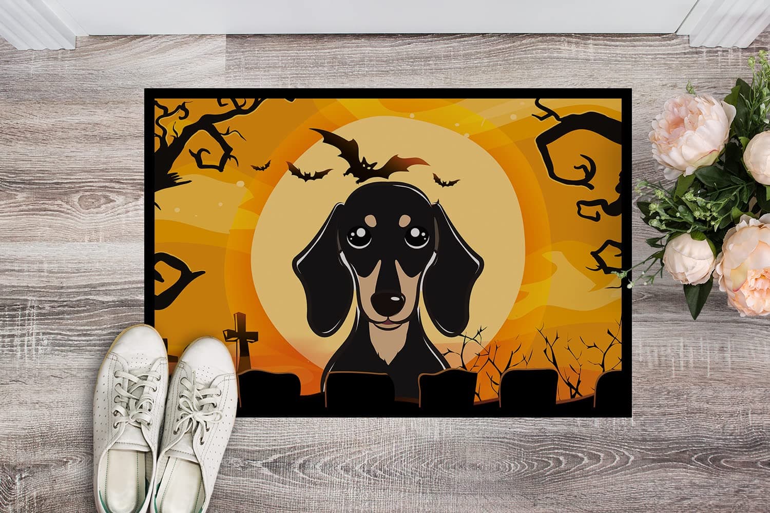 Caroline's Treasures BB1773JMAT Halloween Smooth Black and Tan Dachshund Doormat - Thumbnail 2
