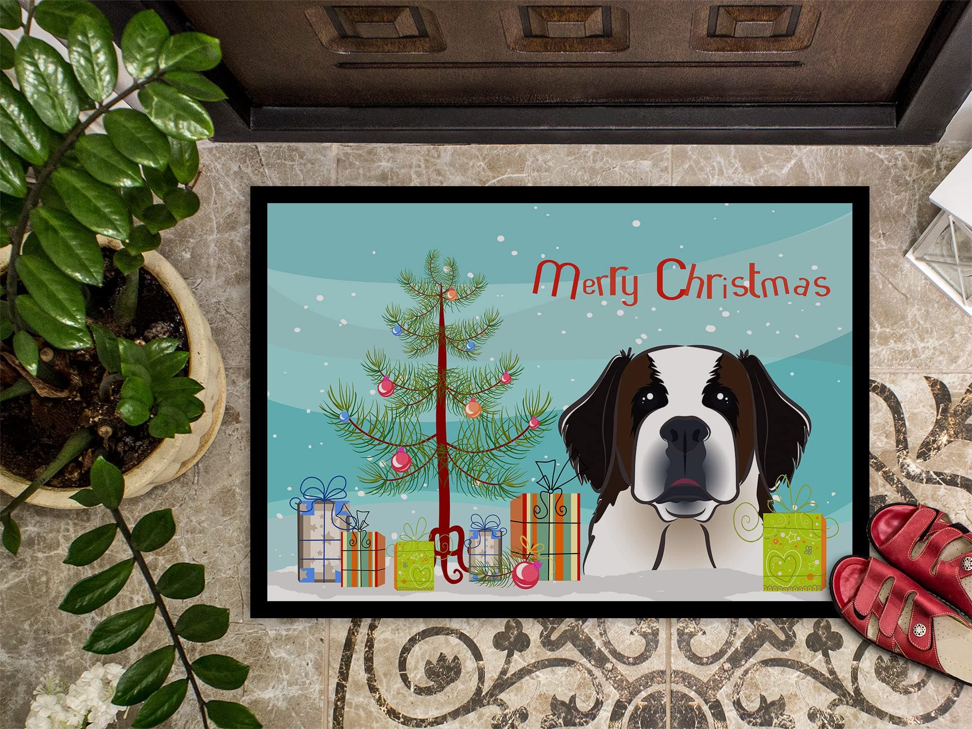 Caroline's Treasures BB1618MAT Christmas Tree and Saint Bernard Doormat 18x27 Fr - Thumbnail 3