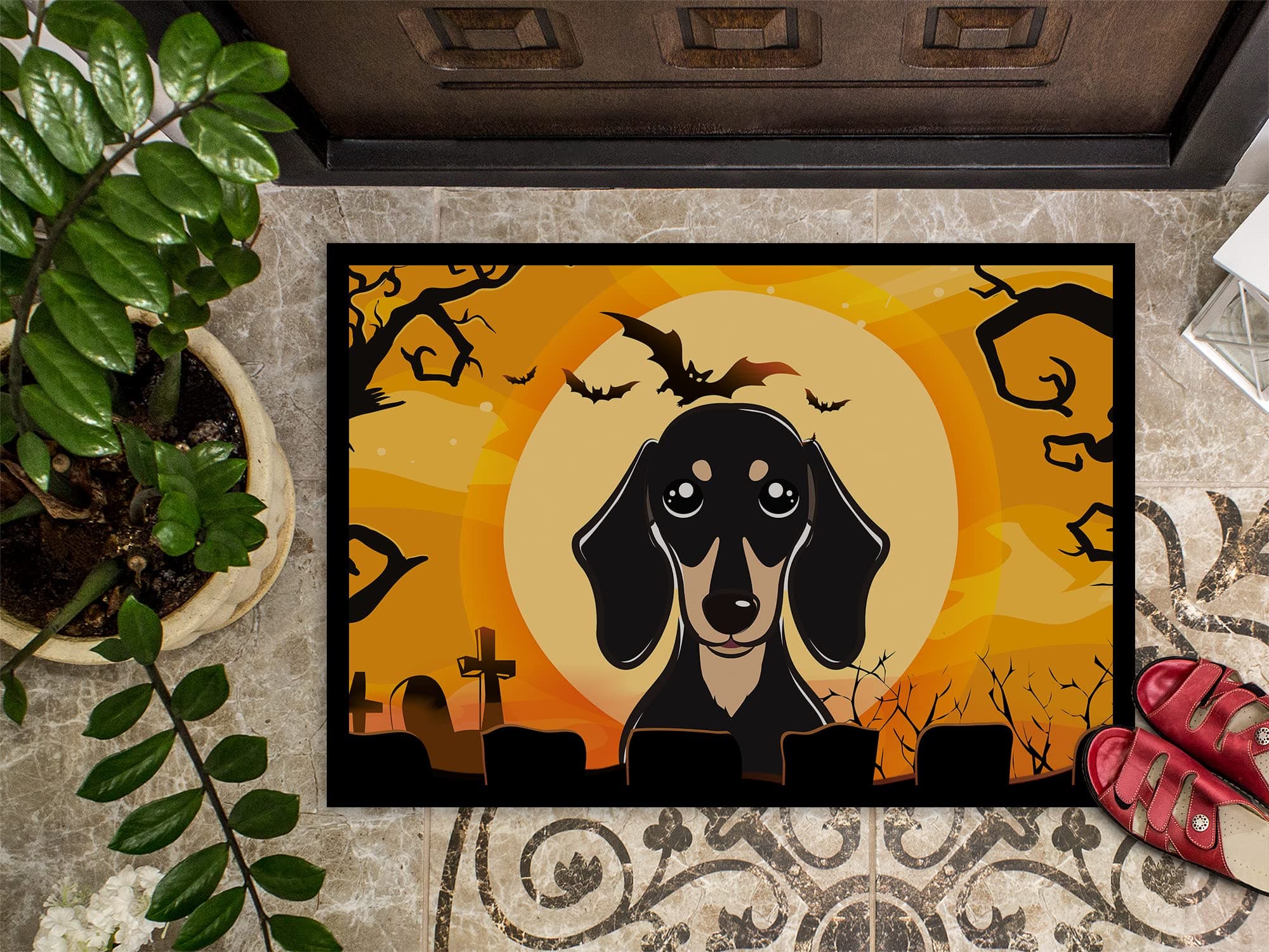 Caroline's Treasures BB1773JMAT Halloween Smooth Black and Tan Dachshund Doormat - Thumbnail 3