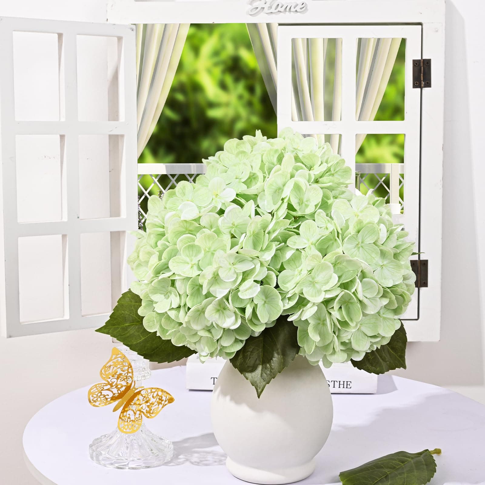 8 Pcs Light Green Hydrangea Artificial Flowers, Latex Real Touch Hydrangea Flowe - Thumbnail 3