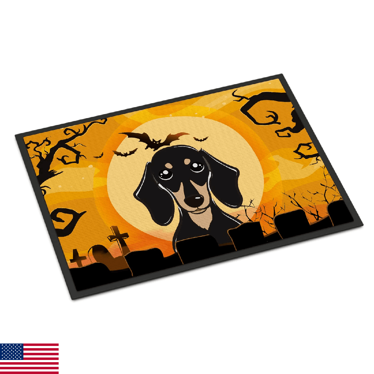 Caroline's Treasures BB1773JMAT Halloween Smooth Black and Tan Dachshund Doormat - Image 1