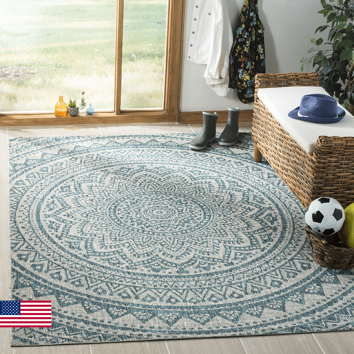 SAFAVIEH Washable Rug Outdoor Courtyard Collection - 3' Square, Light Grey & Tea - Image 1