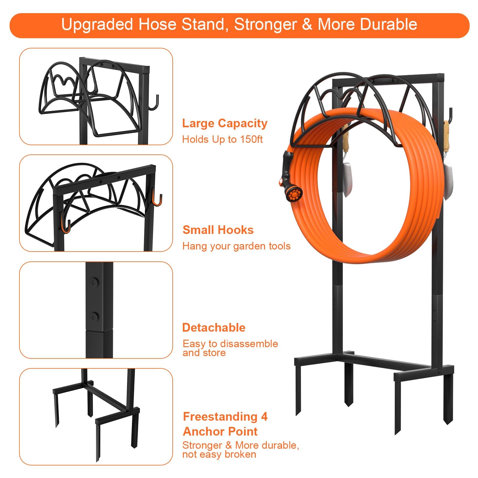 VyGrow Heavy Duty Freestanding Garden Hose Holder - 150ft Capacity, Outdoor - Thumbnail 2