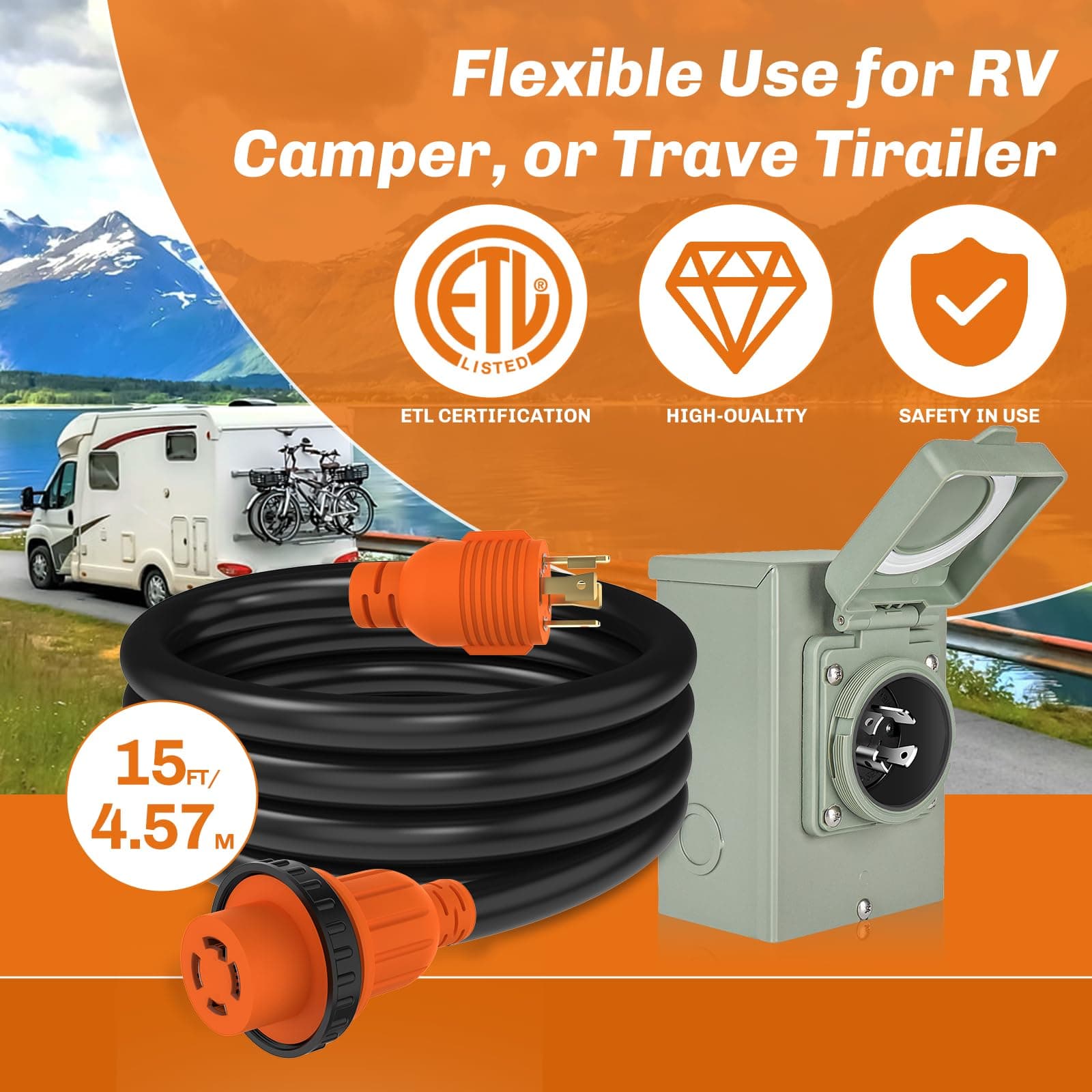 WELLUCK 30 Amp Emergency Power Combo Kit with L14-30P Inlet Box and 15 FT Power - Thumbnail 2