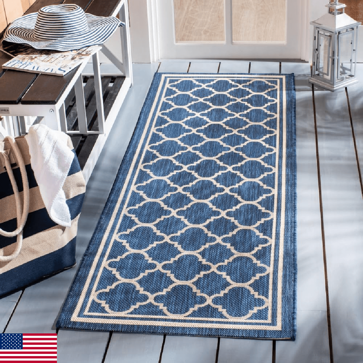 SAFAVIEH Washable Rug Outdoor Courtyard Collection Runner - 2'3" x 9', Navy & Be - Image 1