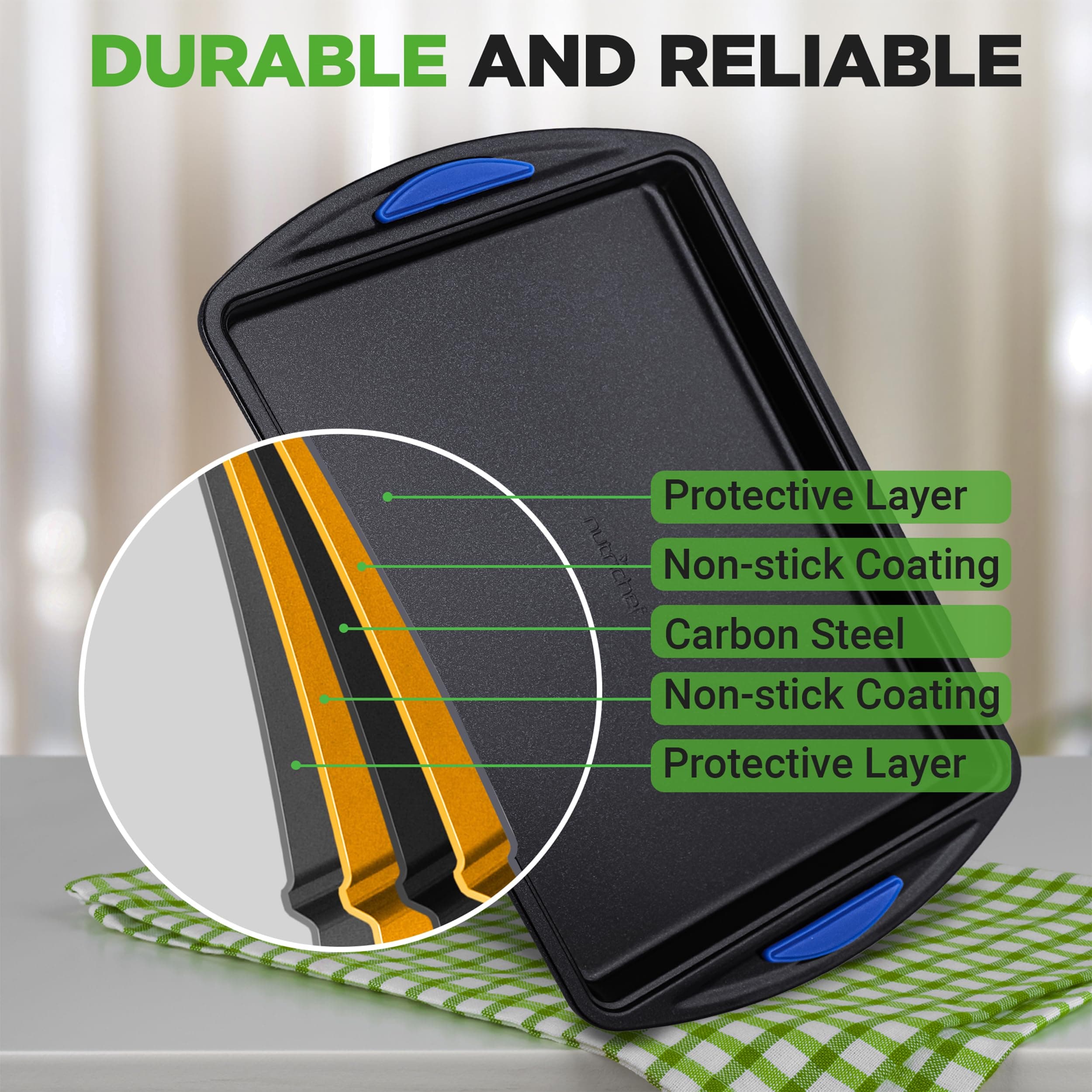 NutriChef 3-Piece Nonstick Cookie Sheets for Baking – Carbon Steel Stackable Bak - Thumbnail 8