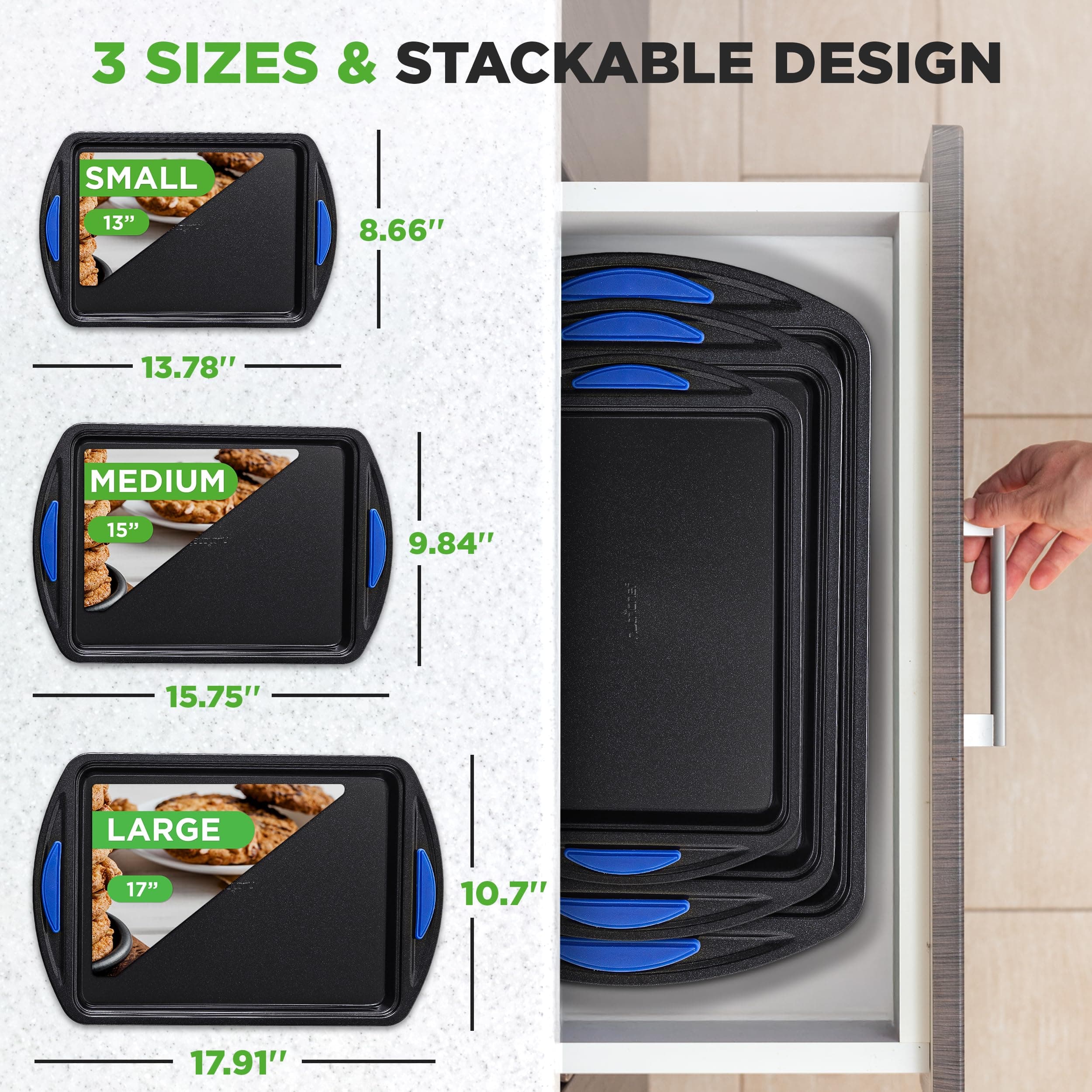 NutriChef 3-Piece Nonstick Cookie Sheets for Baking – Carbon Steel Stackable Bak - Thumbnail 3