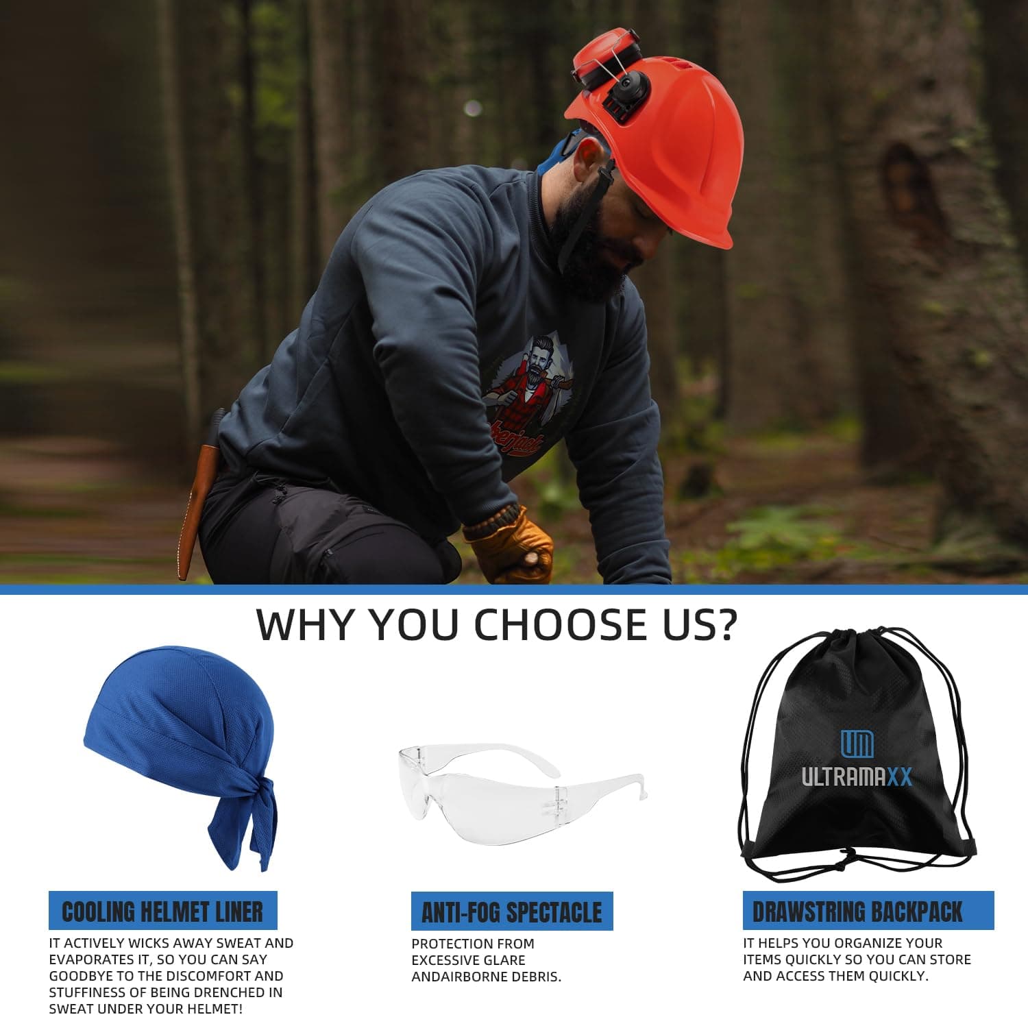 UM ULTRAMAXX 6-in-1 Chainsaw Helmet with Polycarbonate Clear Visor and Ear Muffs - Thumbnail 6