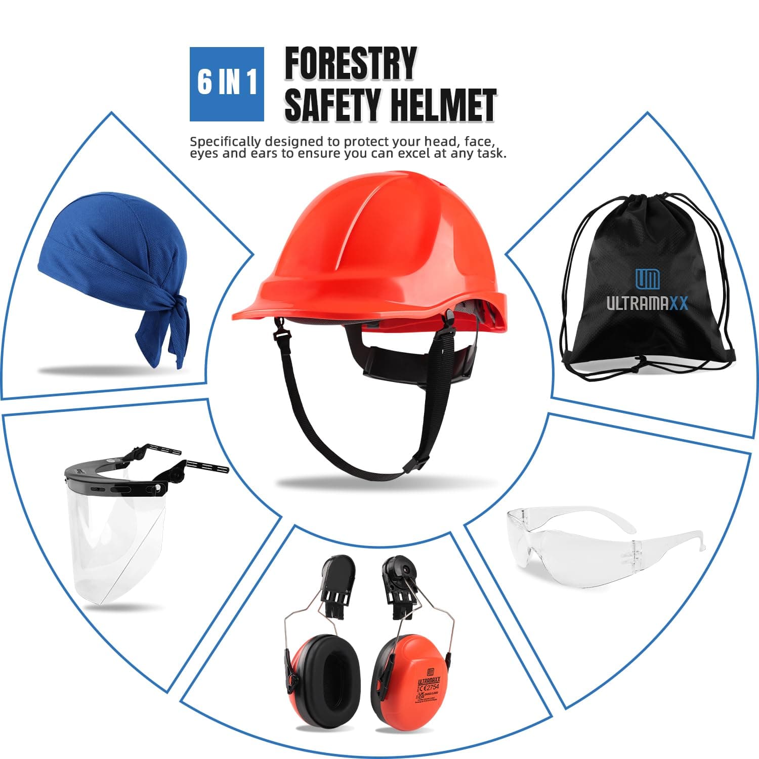 UM ULTRAMAXX 6-in-1 Chainsaw Helmet with Polycarbonate Clear Visor and Ear Muffs - Thumbnail 5