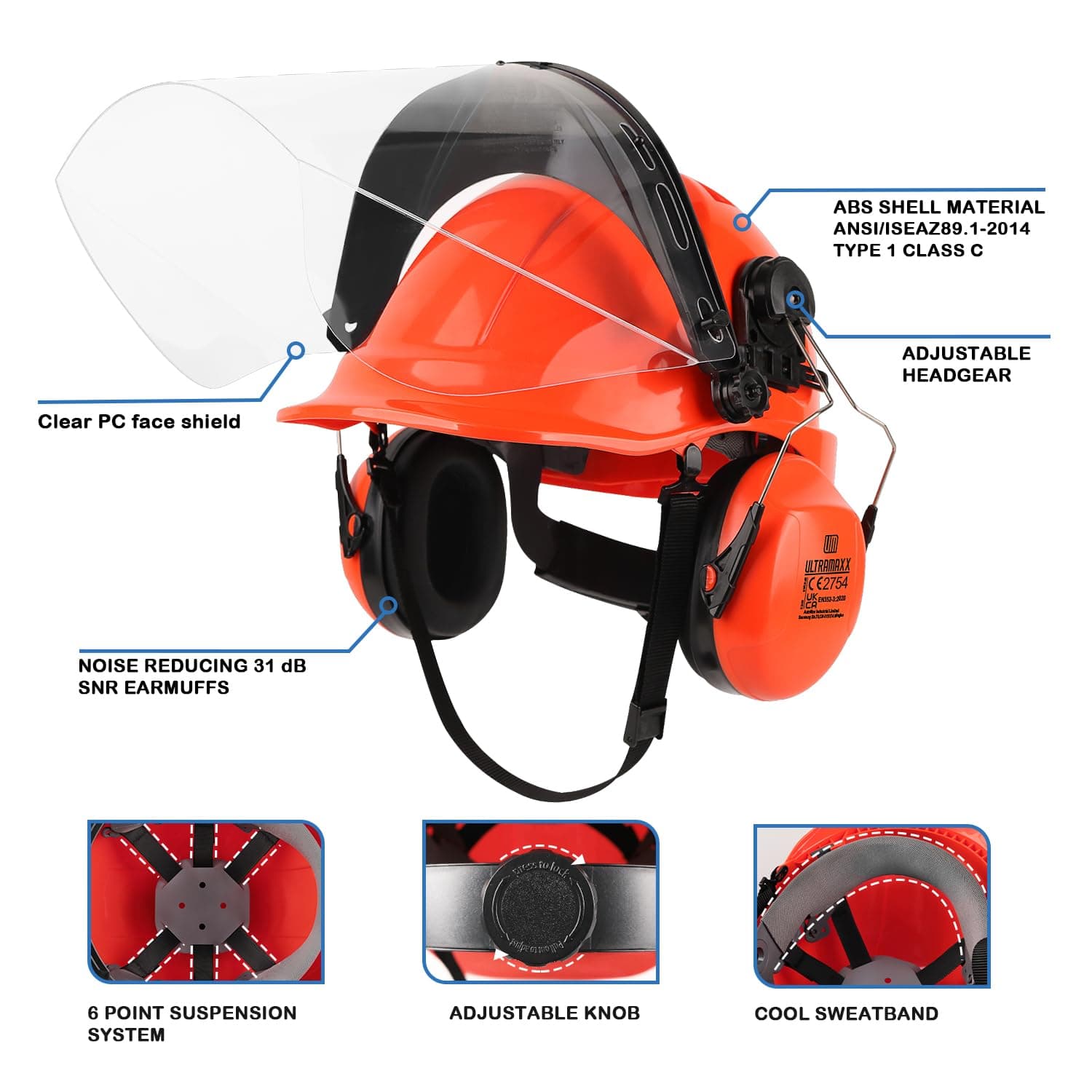 UM ULTRAMAXX 6-in-1 Chainsaw Helmet with Polycarbonate Clear Visor and Ear Muffs - Thumbnail 2