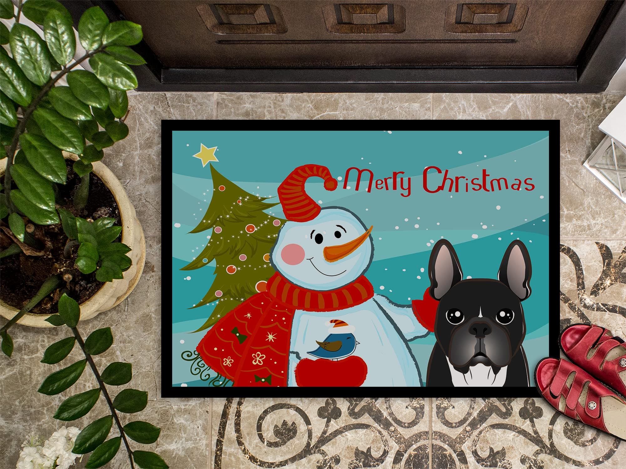 Caroline's Treasures BB1847MAT Snowman with French Bulldog Doormat 18x27 Front D - Thumbnail 3