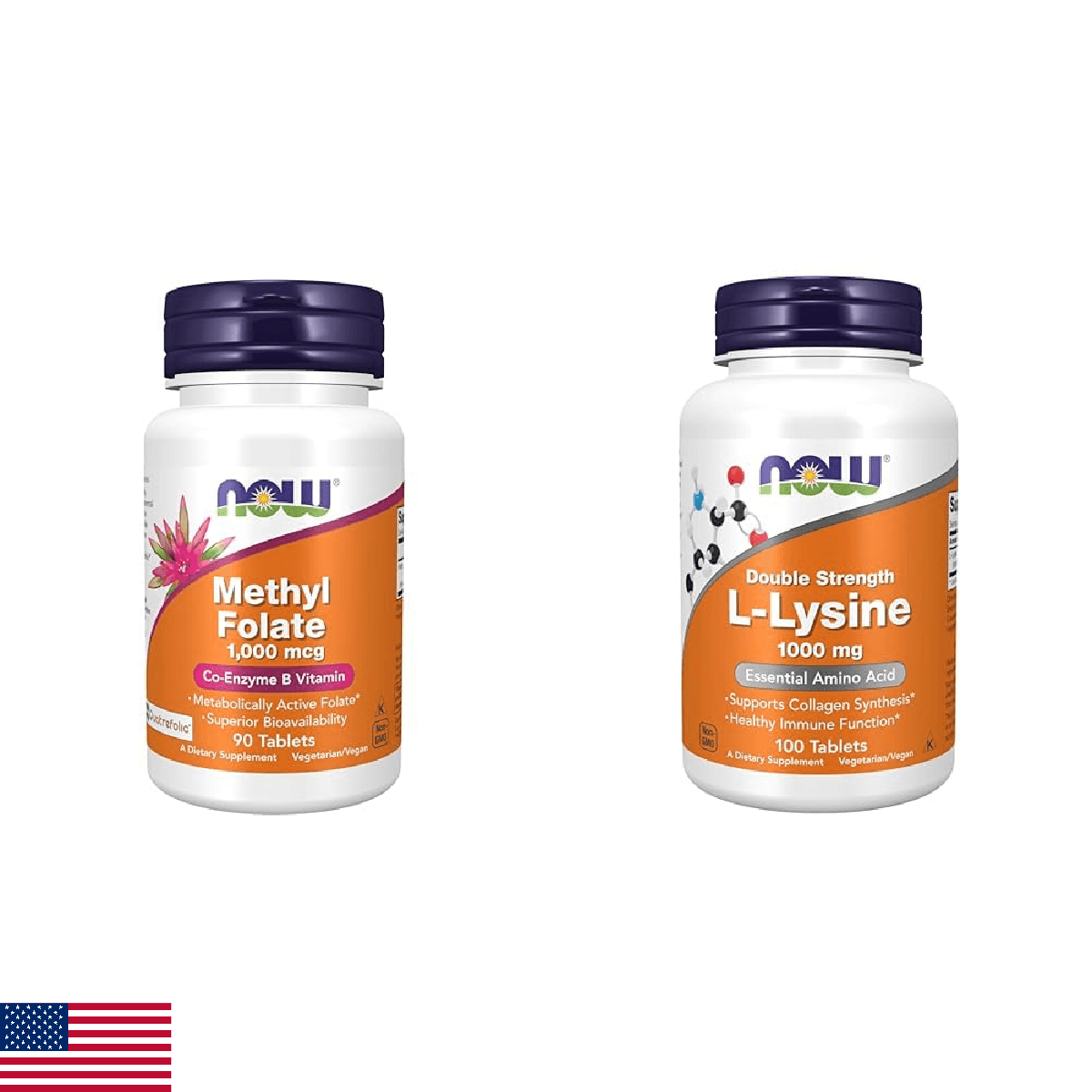 NOW Supplements Methyl Folate 1000mcg & L-Lysine 1000mg - 90/100 Tabs - Image 1