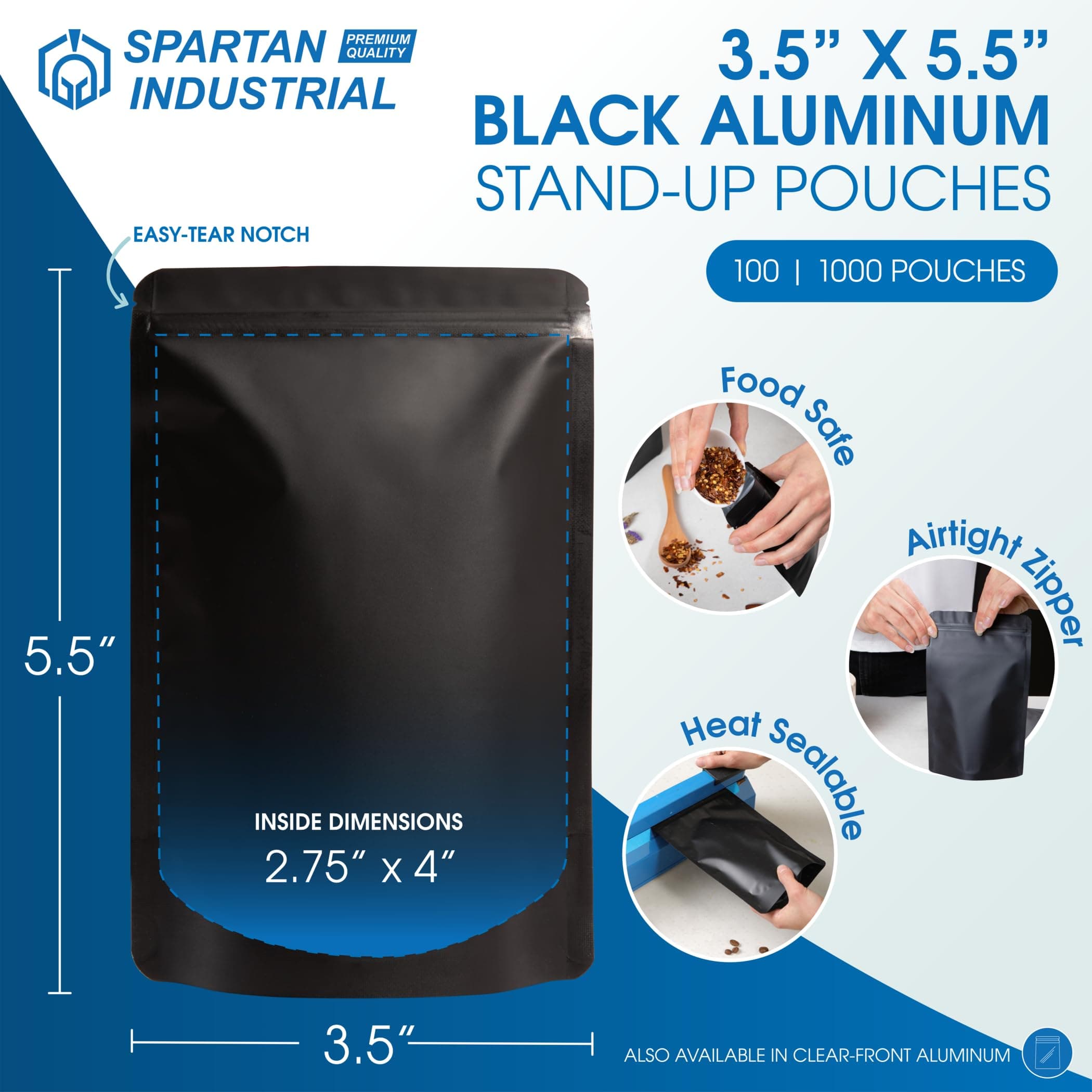 Spartan Industrial 3.5x5.5 Matte Black Stand-Up Mylar Bags 1000 Pack Small Smell - Thumbnail 2