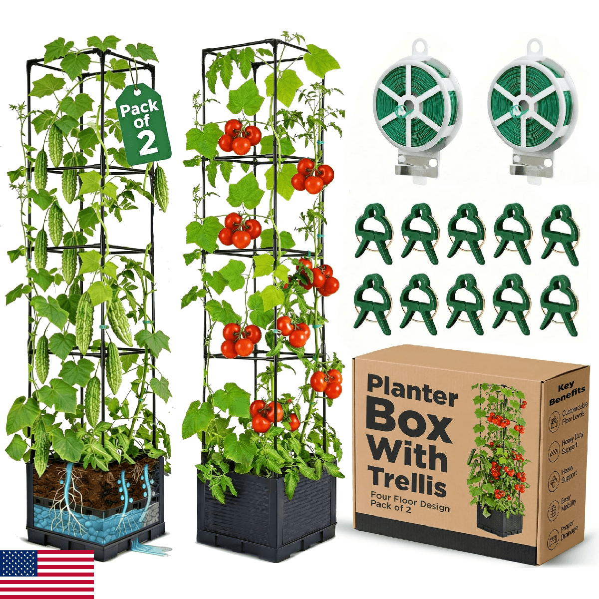 Growia 2-Pack 43" Self-Watering Tomato Planter w/ Trellis, Vertical Garden - Image 1