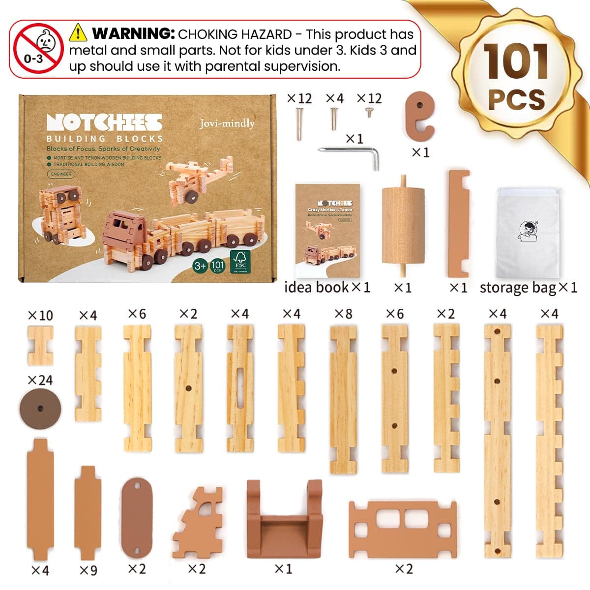 Jovi-mindly＆Notchies Space Wooden Blocks Set 101 PCS Create 40+ Shapes,Toys Educ - Thumbnail 3