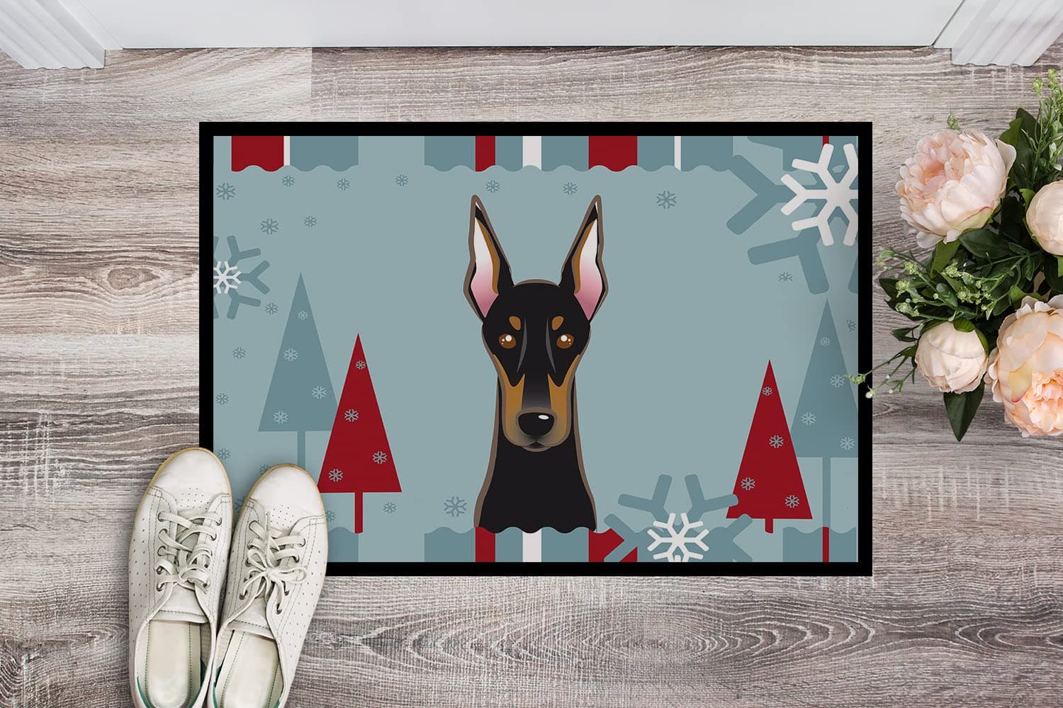 Caroline's Treasures BB1741JMAT Winter Holiday Doberman Doormat 24x36 Front Door - Thumbnail 2