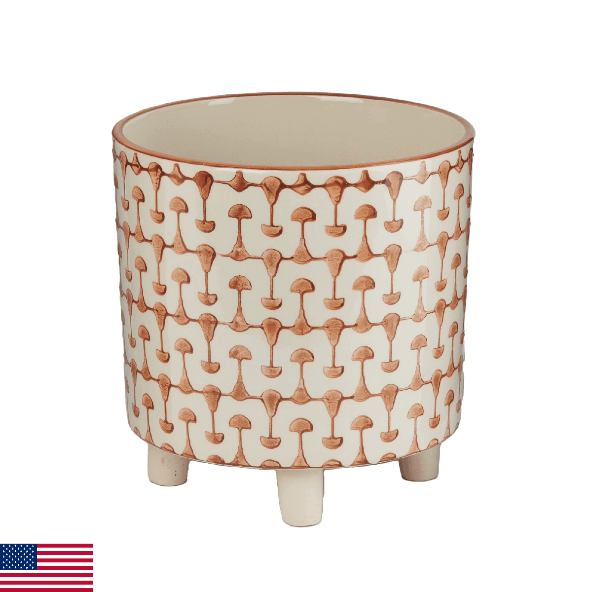 Creative Co-Op Footed Stoneware Planter with Abstract Print, Rust and White - Image 1