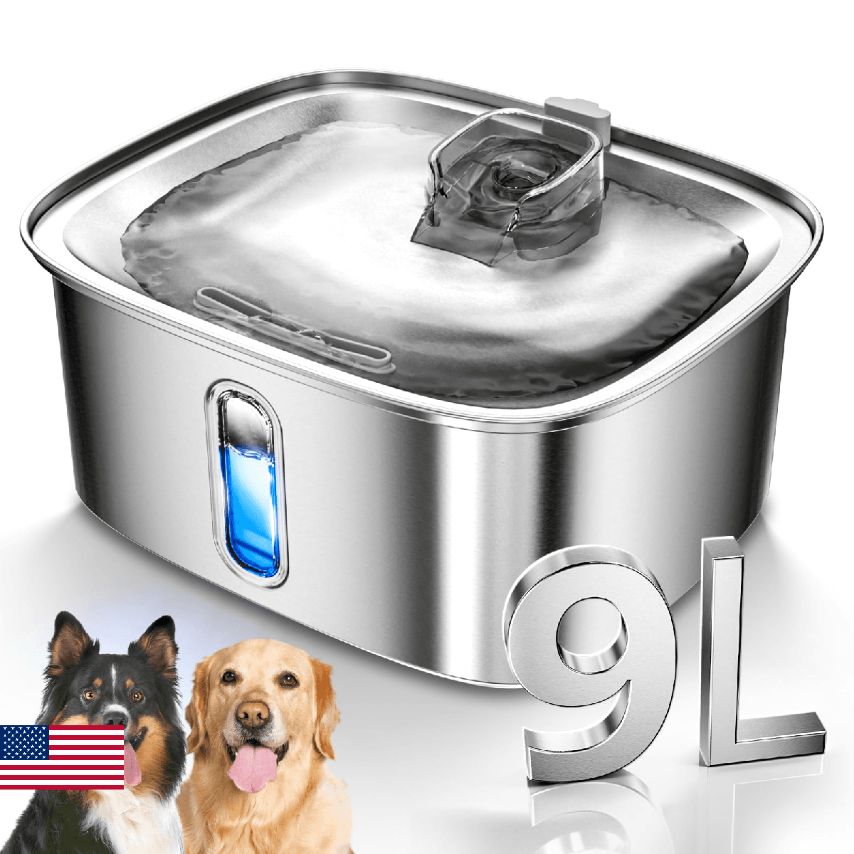 Dog Water Fountain for Large Dogs, 9L/2.4Gal Stainless Steel Dog Fountain with W - Image 1