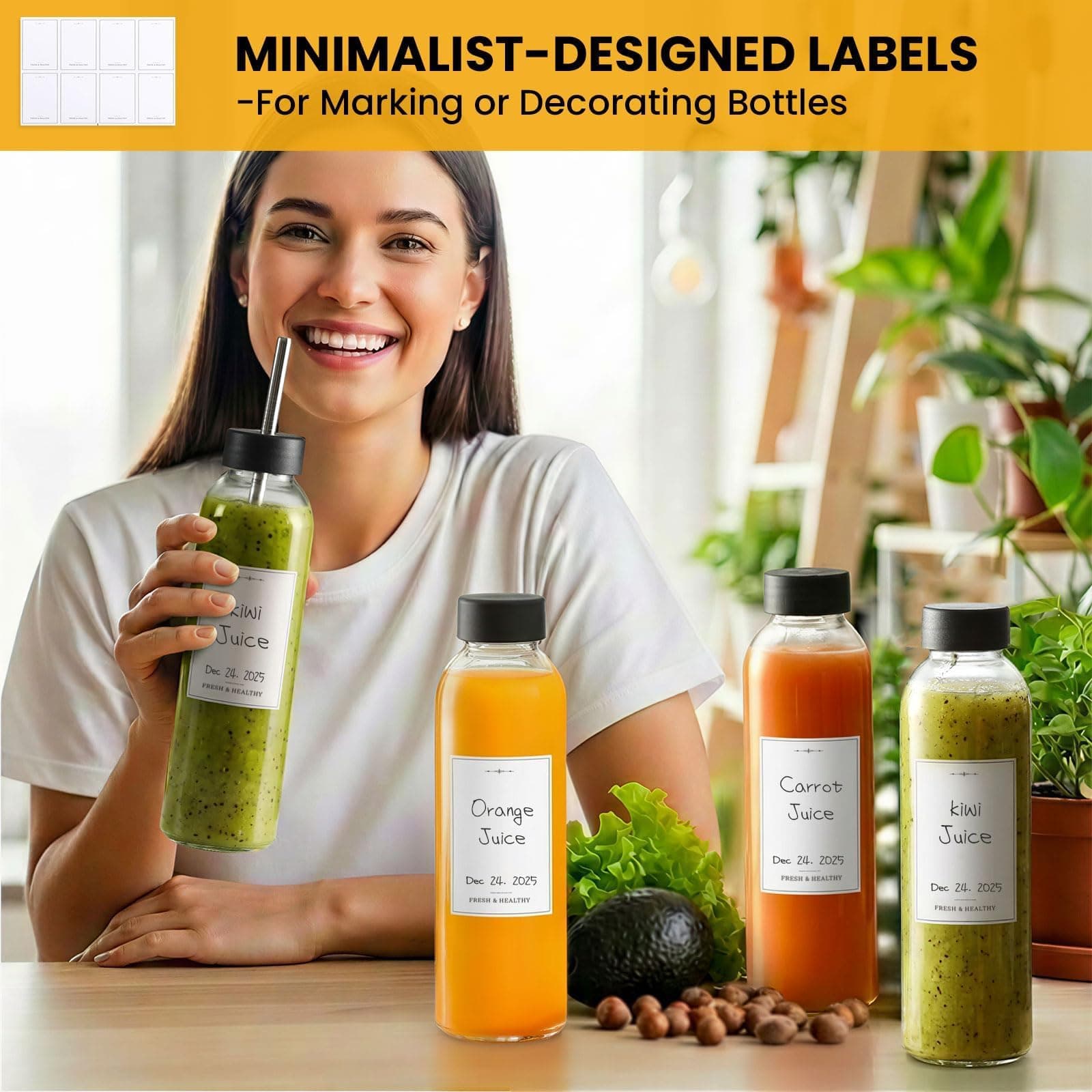 8x 18oz Glass Juice Bottles with Lids & Straws - Reusable Drinking Jars - Thumbnail 6