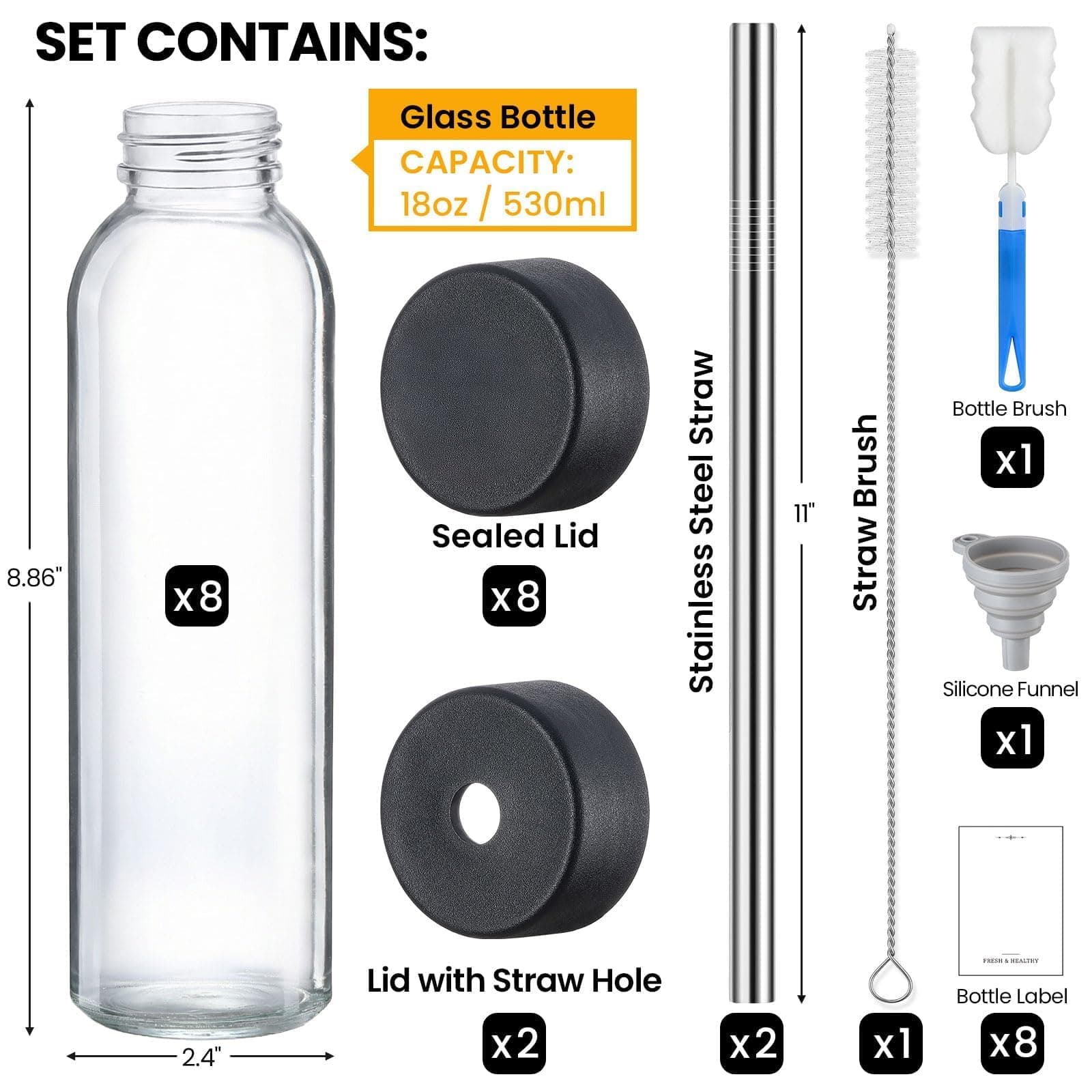8x 18oz Glass Juice Bottles with Lids & Straws - Reusable Drinking Jars - Thumbnail 2