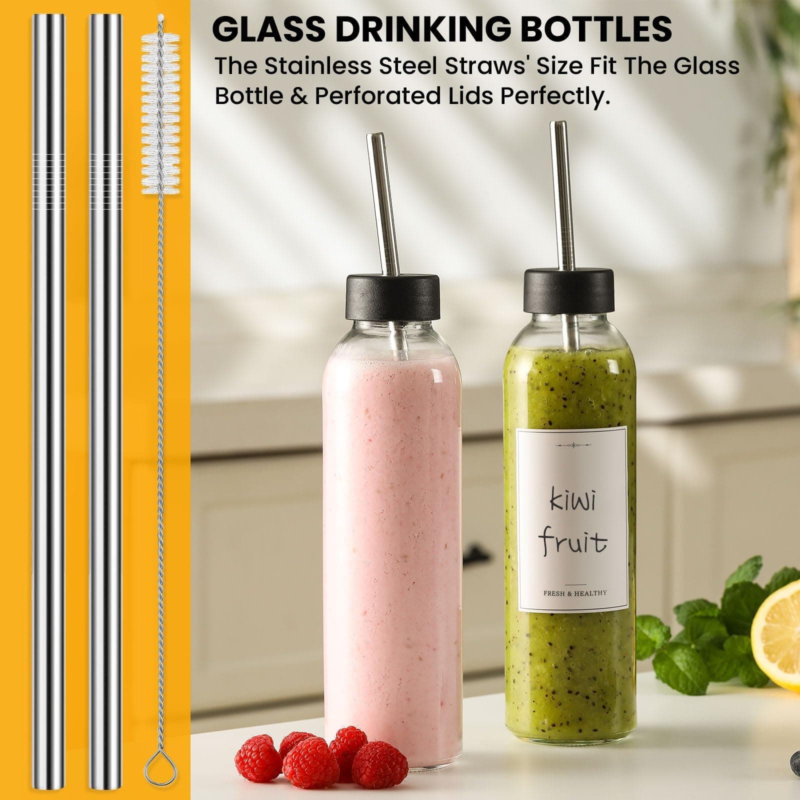 8x 18oz Glass Juice Bottles with Lids & Straws - Reusable Drinking Jars - Thumbnail 5
