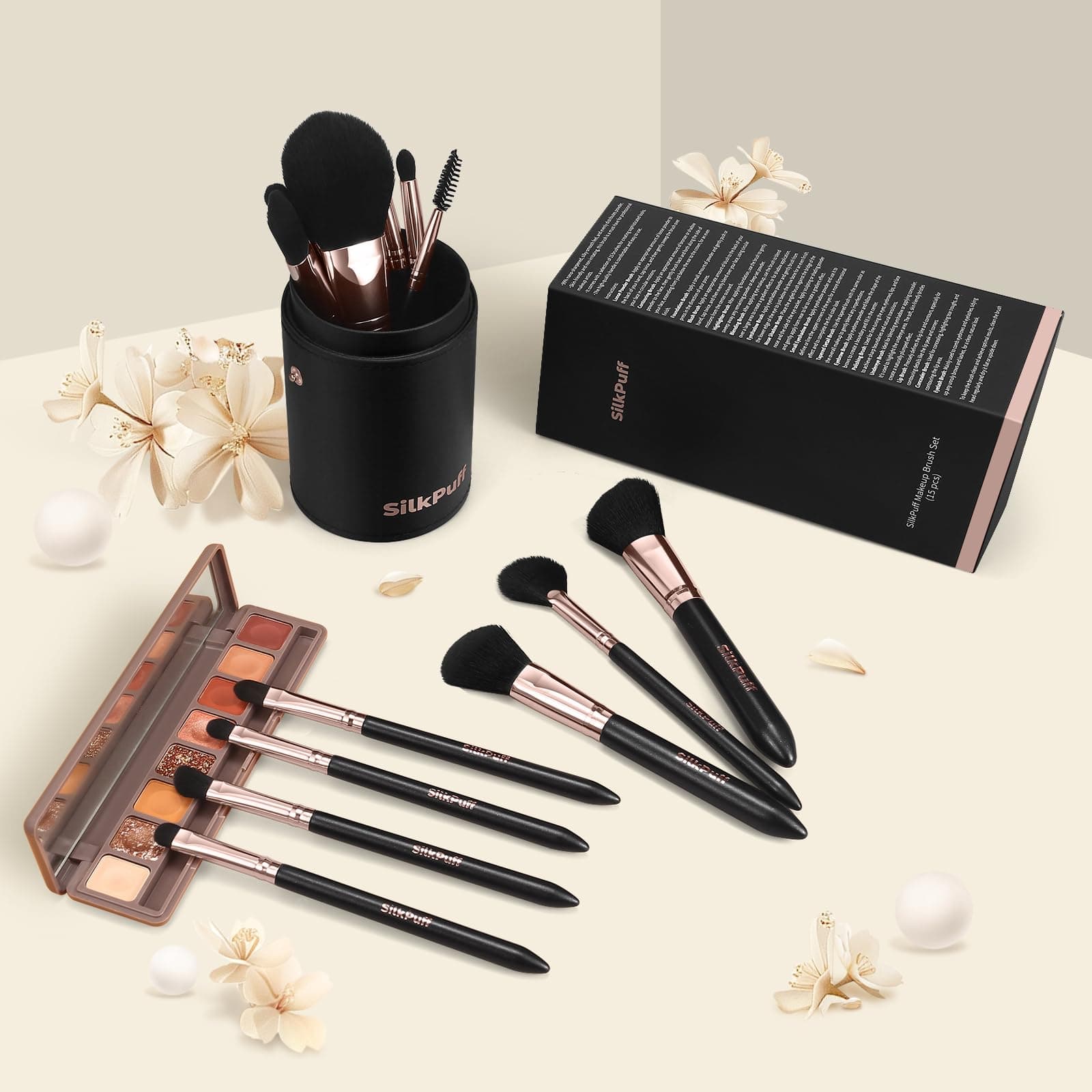 Silkpuff 15-Pc Pro Makeup Brush Set w/ Case - Cruelty-Free Synthetic Fiber - Bla - Thumbnail 7