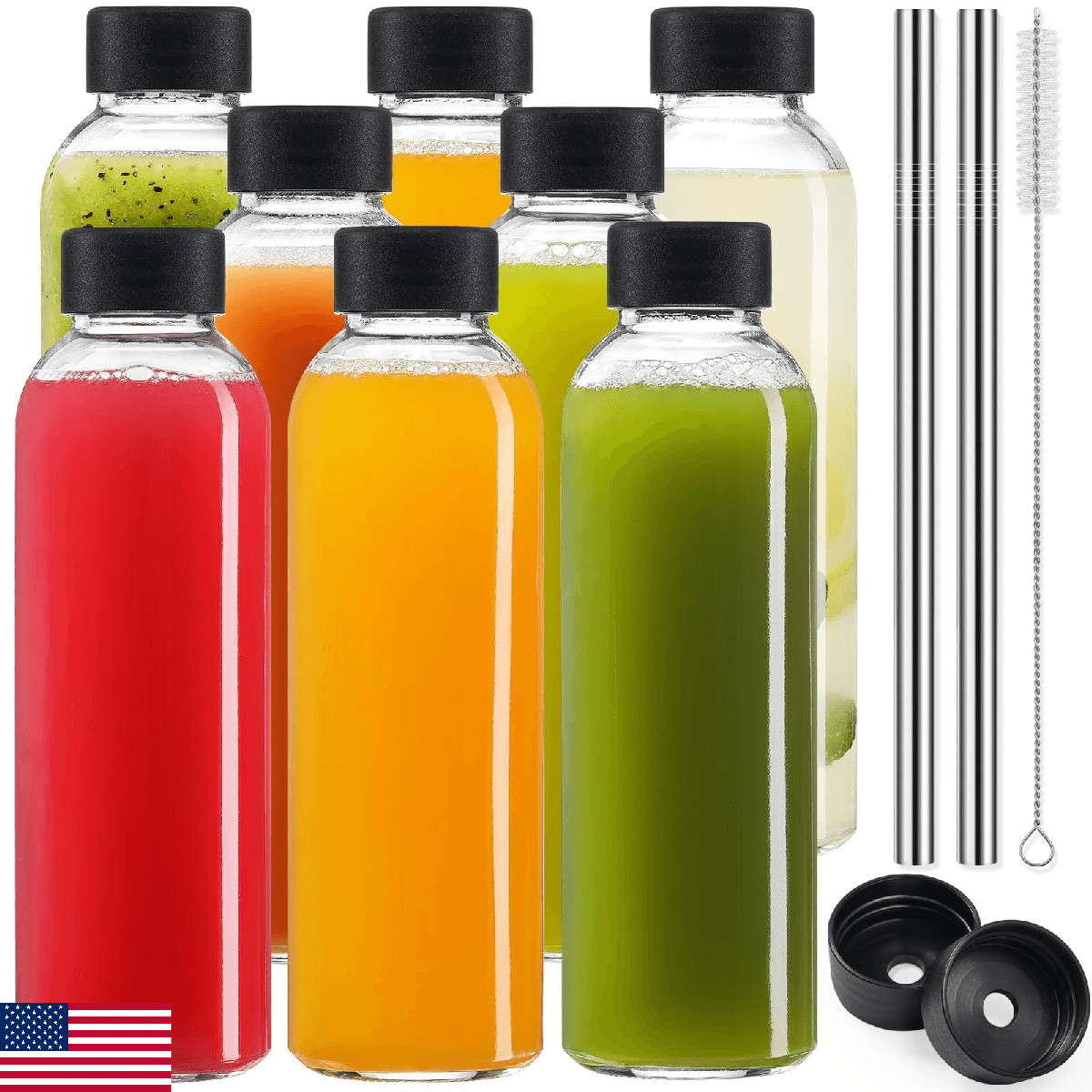 8x 18oz Glass Juice Bottles with Lids & Straws - Reusable Drinking Jars - Image 1