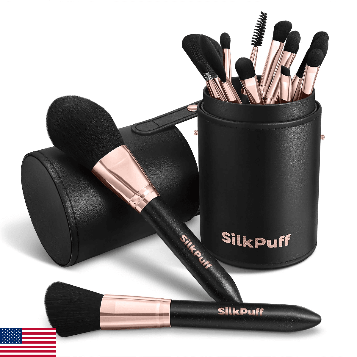 Silkpuff 15-Pc Pro Makeup Brush Set w/ Case - Cruelty-Free Synthetic Fiber - Bla - Image 1