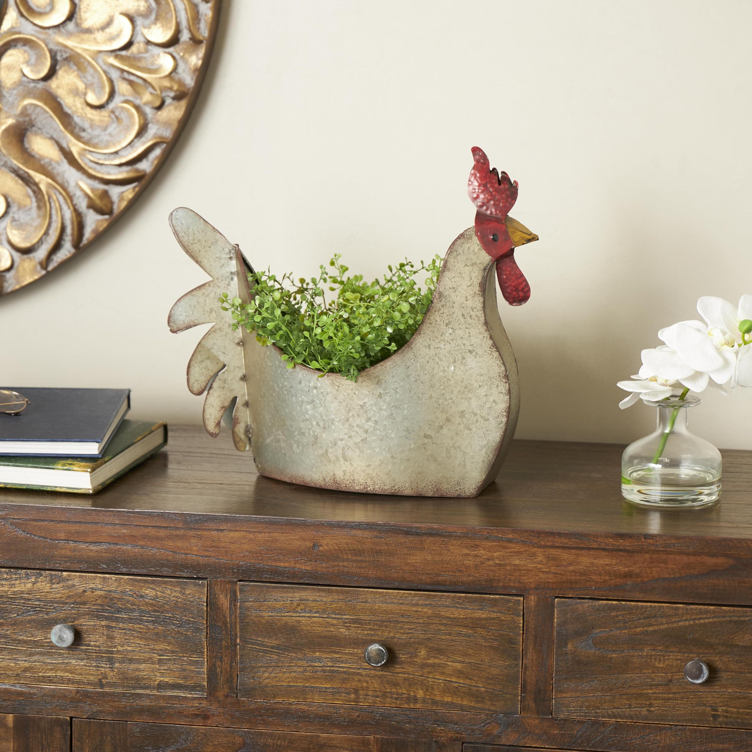 Deco 79 Metal Rooster Indoor Outdoor Planter Large Planter Pot, Planter 12" x 8" - Thumbnail 4