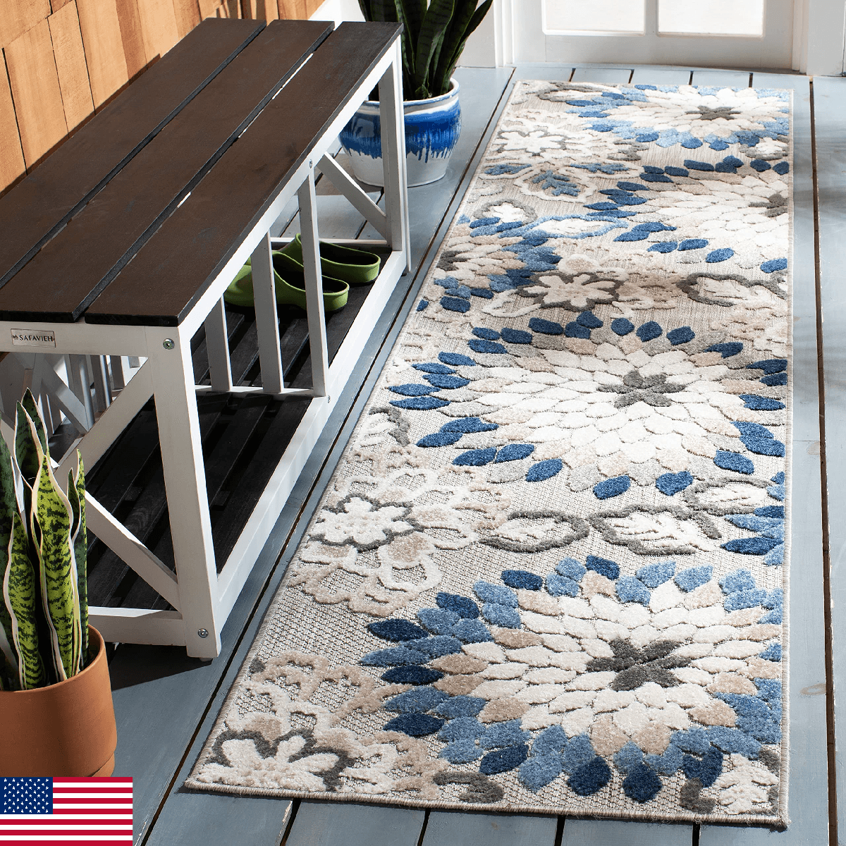 SAFAVIEH Washable Rug Outdoor Cabana Collection - 2'2" x 9' Runner, Grey & Blue, - Image 1