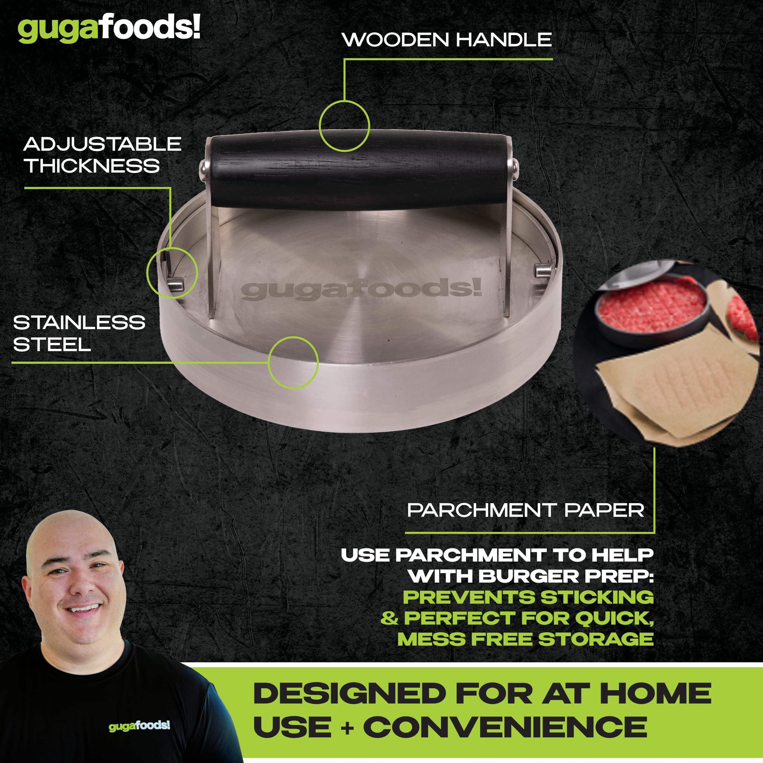 Guga Foods- Adjustable Burger Press, Stainless Steel Hamburger and Smashed Burge - Thumbnail 2