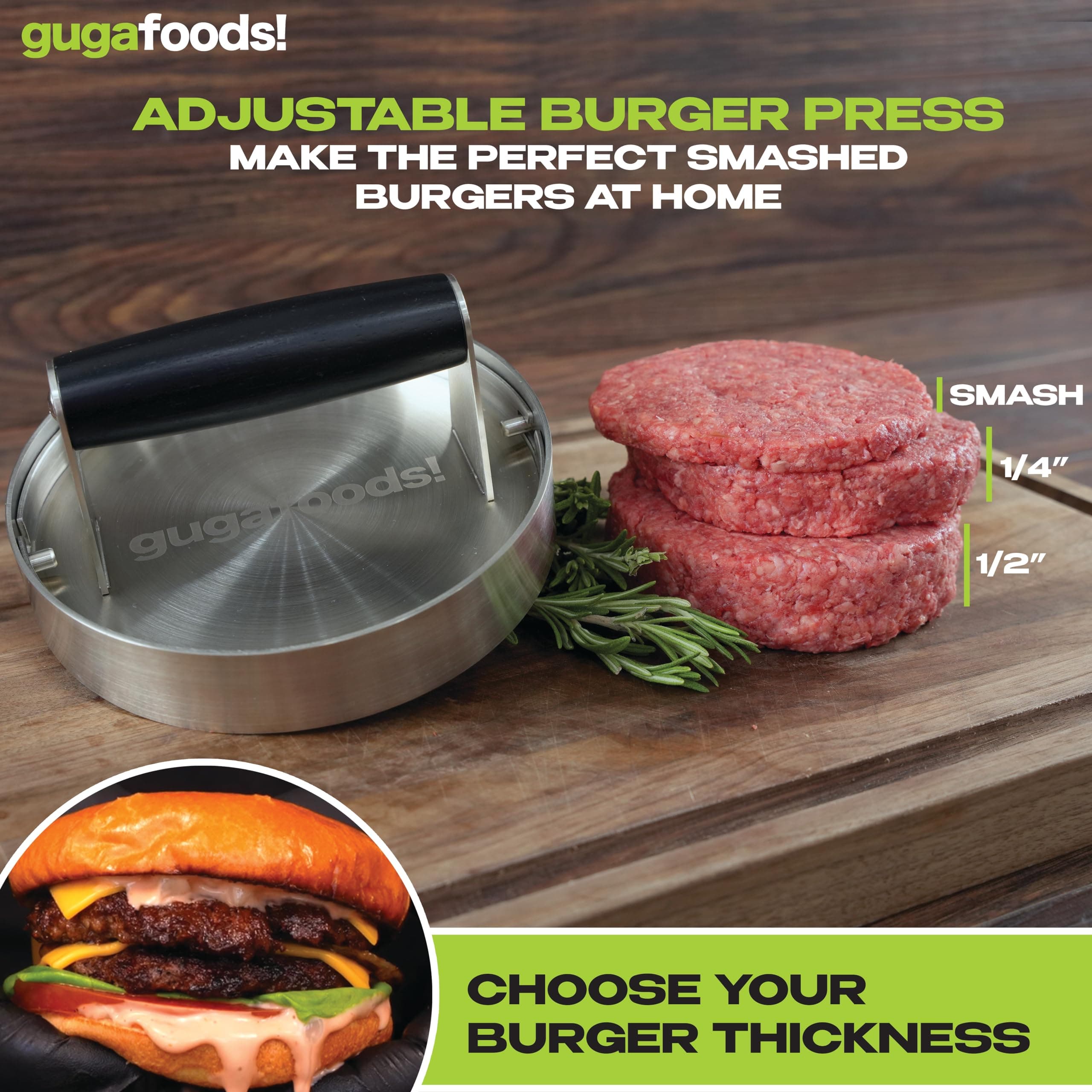 Guga Foods- Adjustable Burger Press, Stainless Steel Hamburger and Smashed Burge - Thumbnail 3