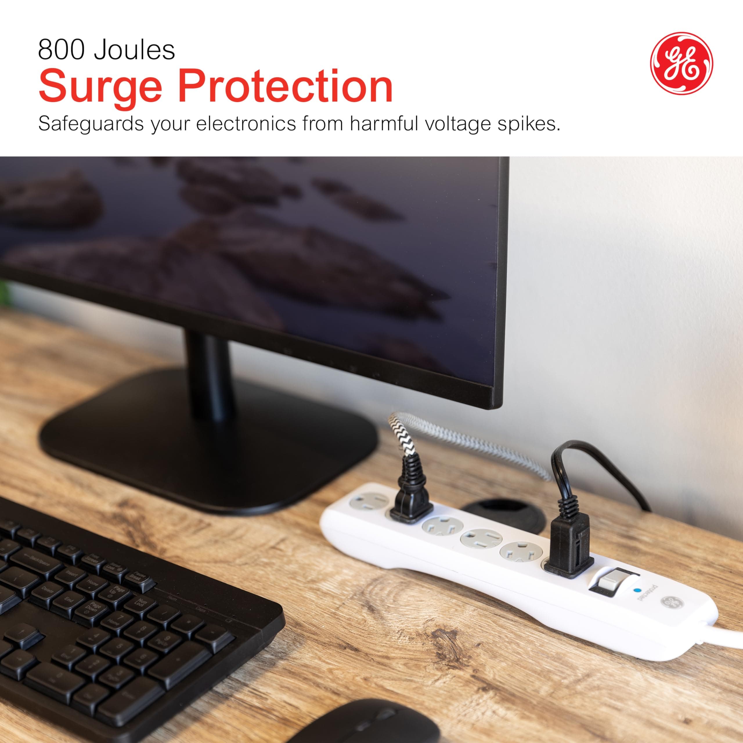 GE Surge Protector Power Strip, 4 Ft Extension Cord, 6 Outlet Extender, 800 Joul - Thumbnail 5