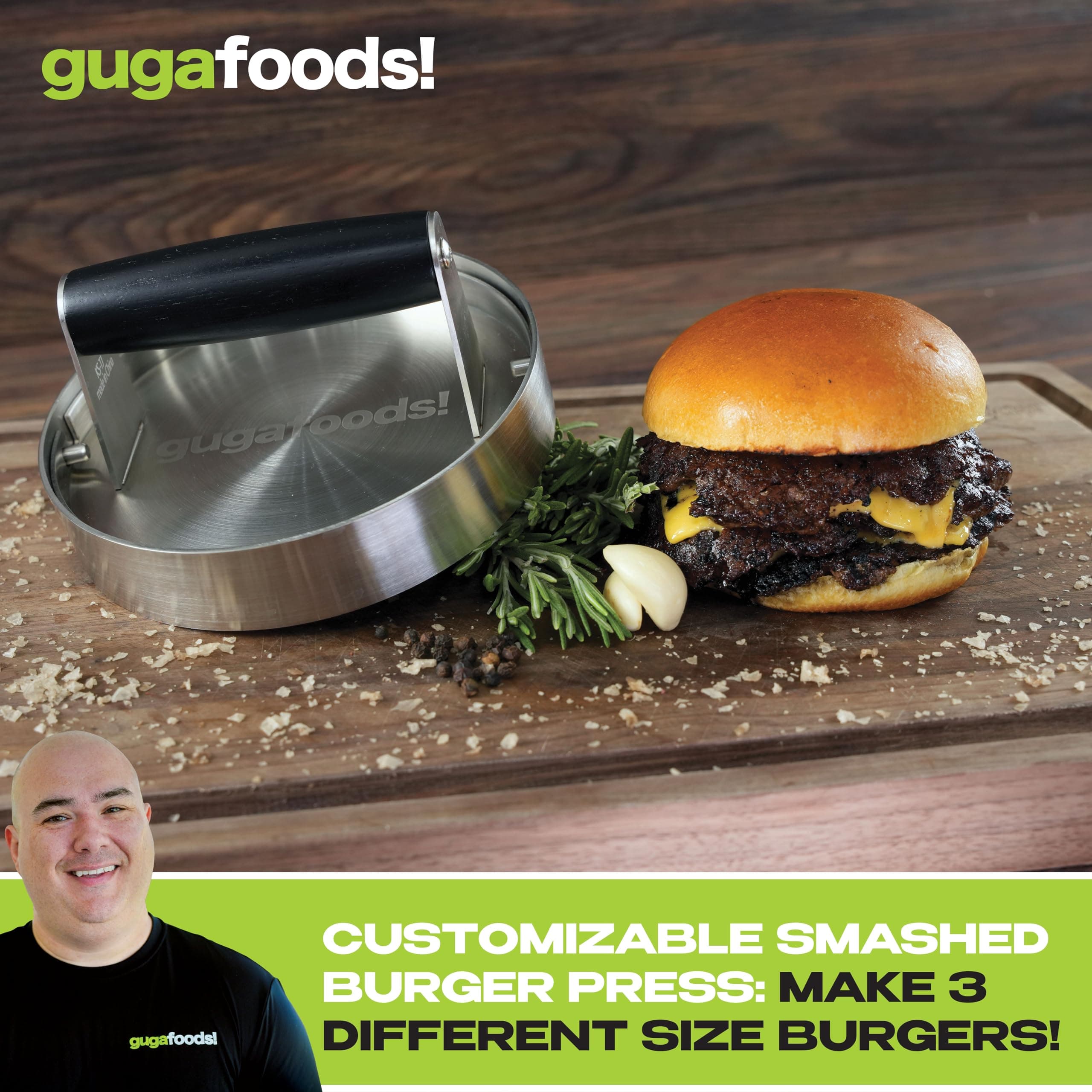 Guga Foods- Adjustable Burger Press, Stainless Steel Hamburger and Smashed Burge - Thumbnail 4