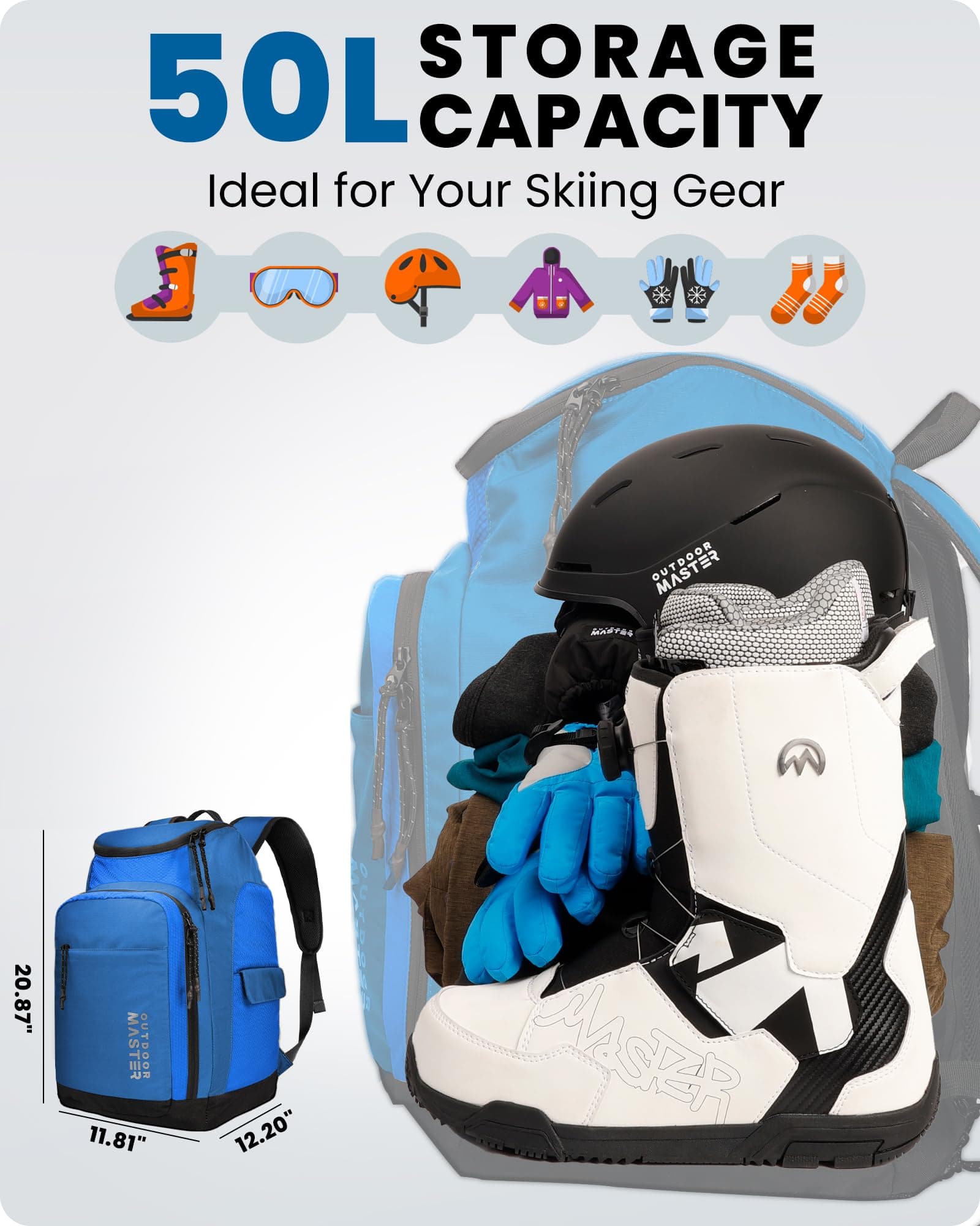 OutdoorMaster 50L Ski Boot Bag, Ski and Snowboard Boots Travel Backpack with sep - Thumbnail 2
