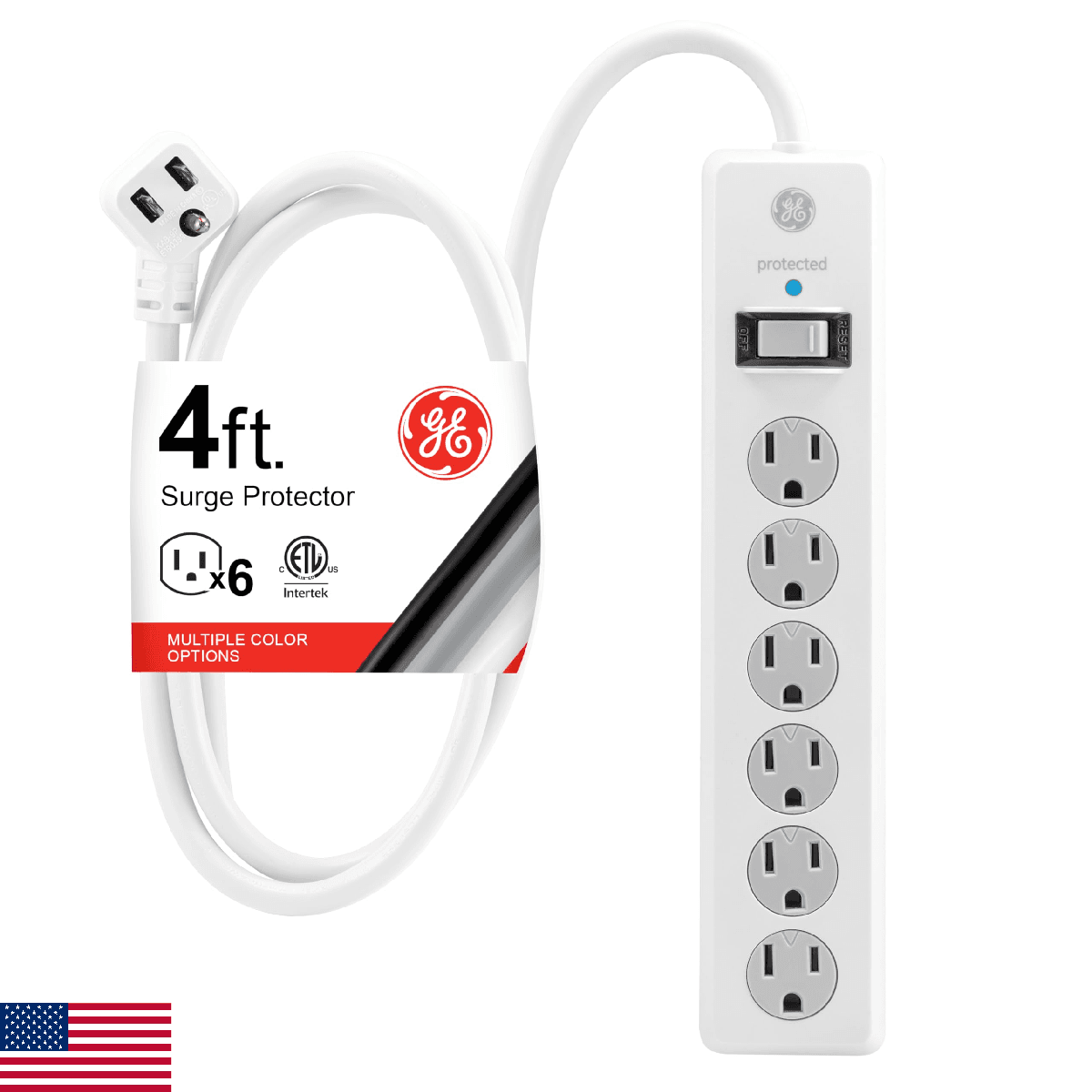 GE Surge Protector Power Strip, 4 Ft Extension Cord, 6 Outlet Extender, 800 Joul - Image 1