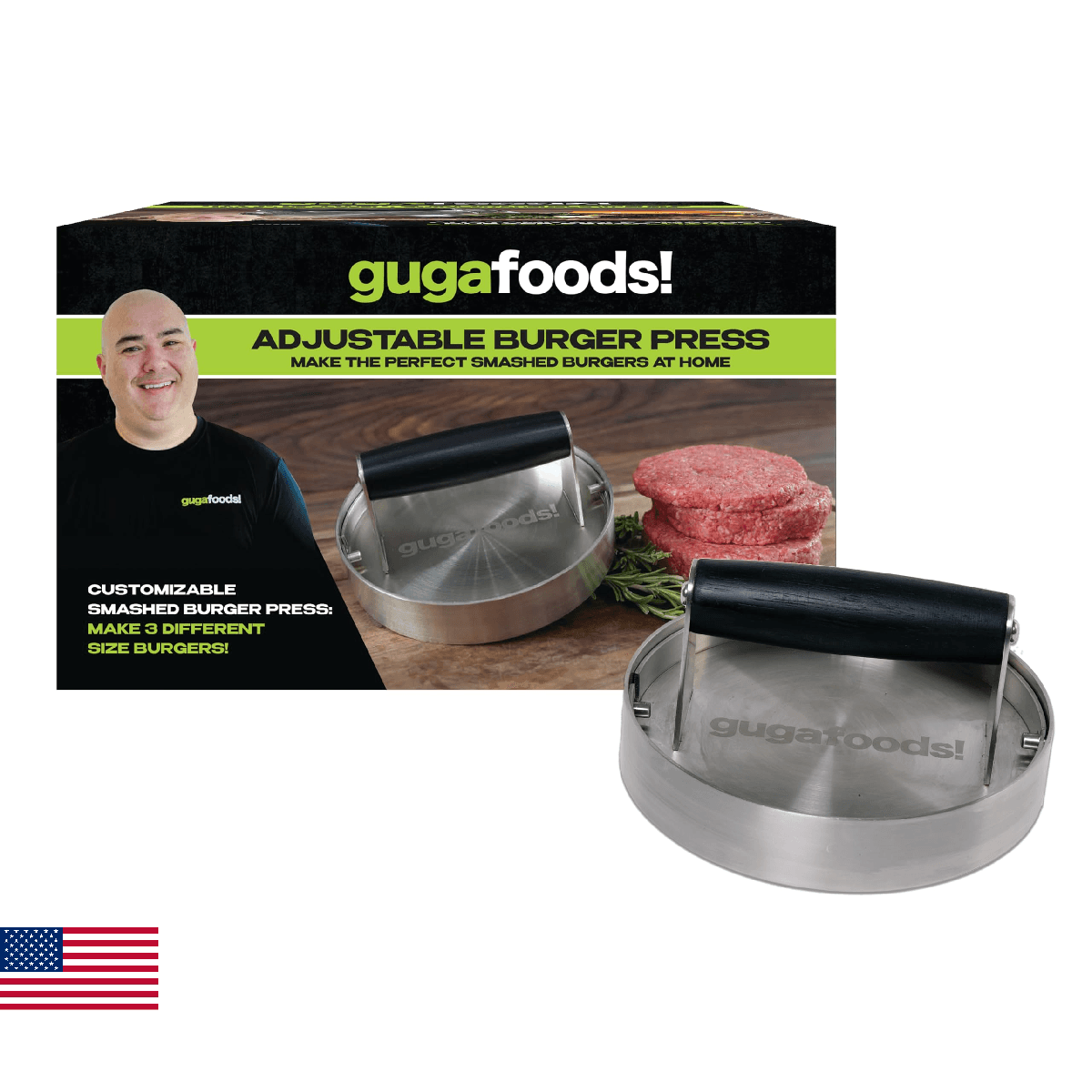 Guga Foods- Adjustable Burger Press, Stainless Steel Hamburger and Smashed Burge - Image 1