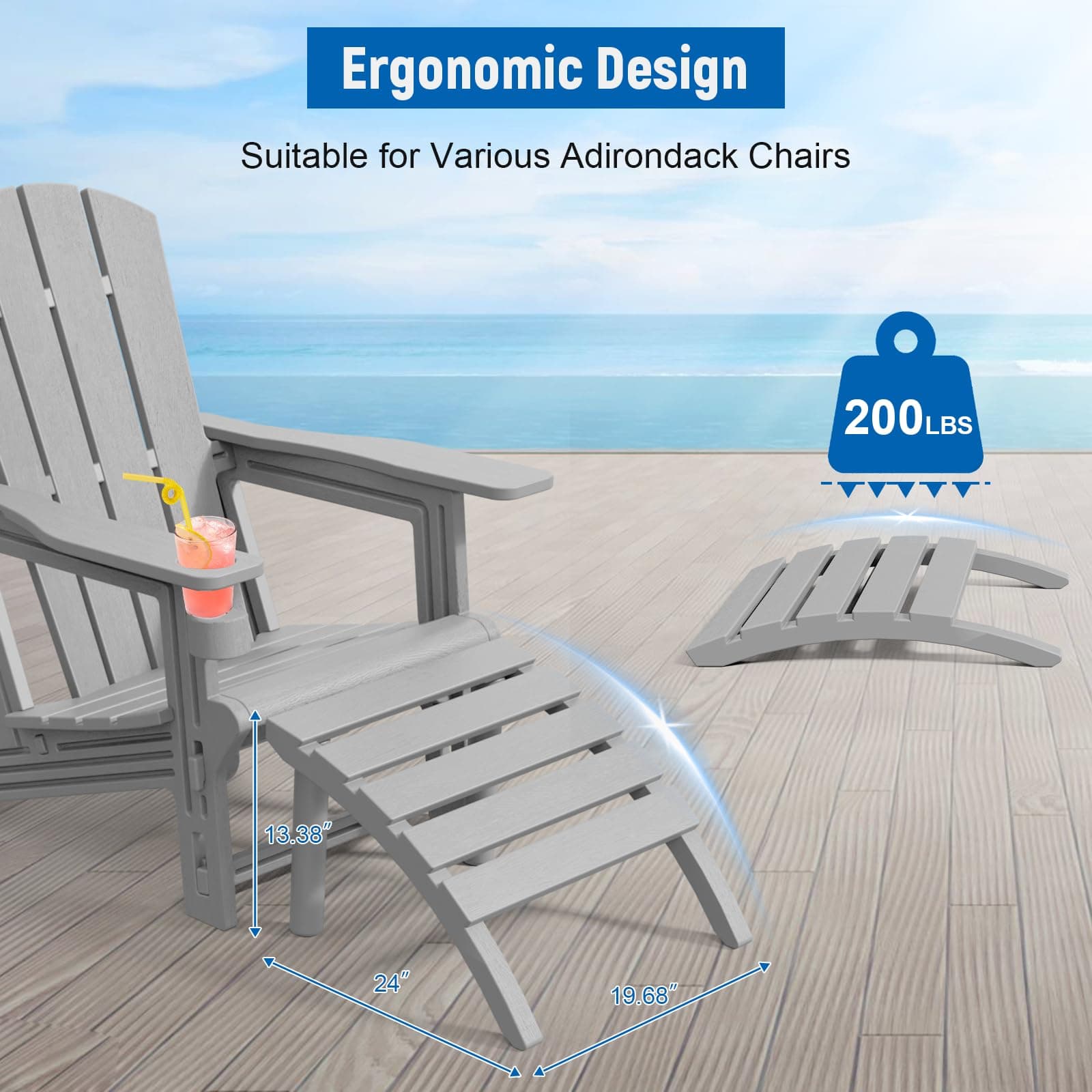 FONTOI Adirondack Ottoman HDPE Plastic Adirondack Chair Footstool All Weather Ou - Thumbnail 5