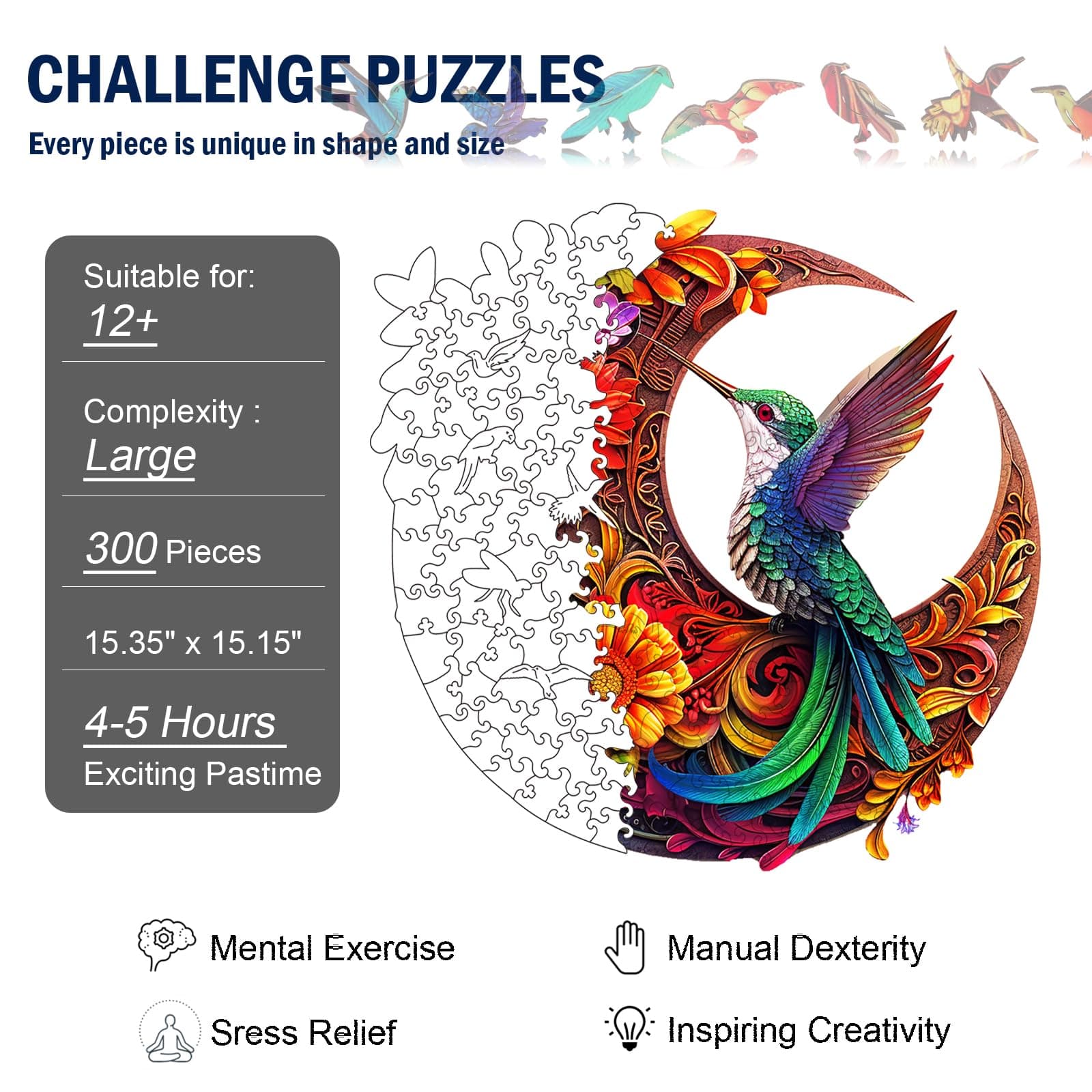 Unique Wooden Puzzles for Adults, Hummingbird Puzzle 300 Pieces 15.35" x 15.15", - Thumbnail 2