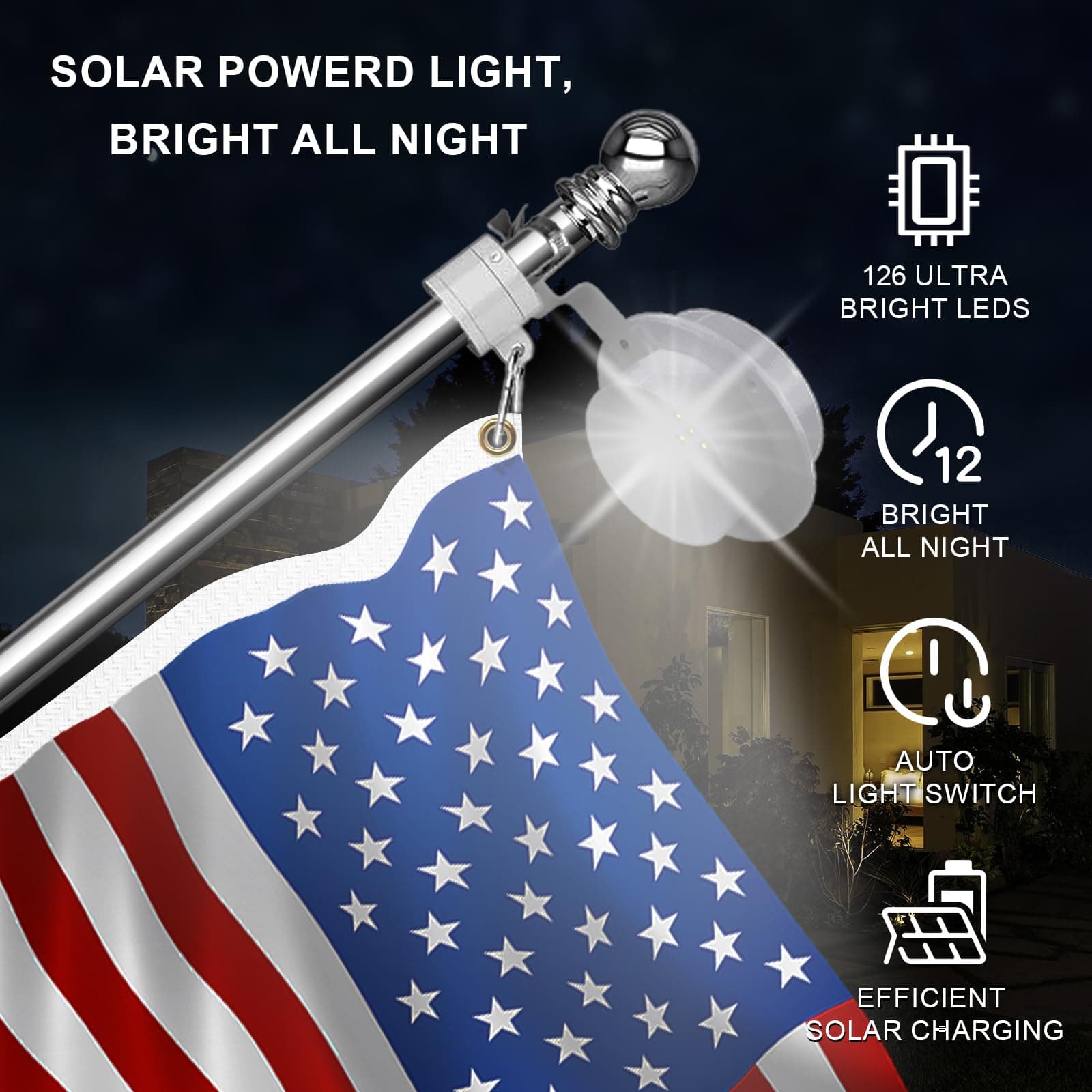 Silver 6ft American Flag Pole Kit with Solar Light for Outside House, Outdoor Ta - Thumbnail 7